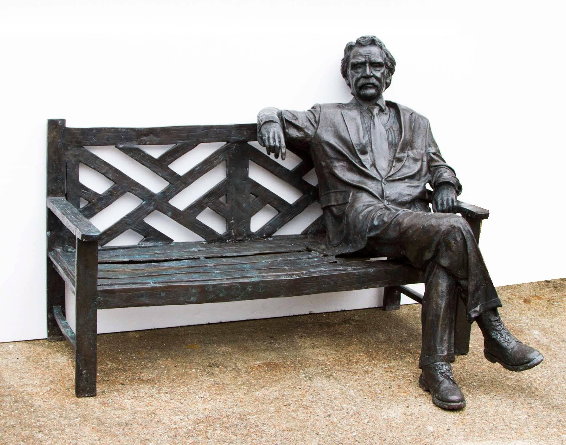 There is no mistaking the unique quality and style of this exquisite lifesize statue of Albert Einstein sitting casually on a outdoor bench enjoying the view, from the last quarter of the 20th century.

It will soon become the focal point of your