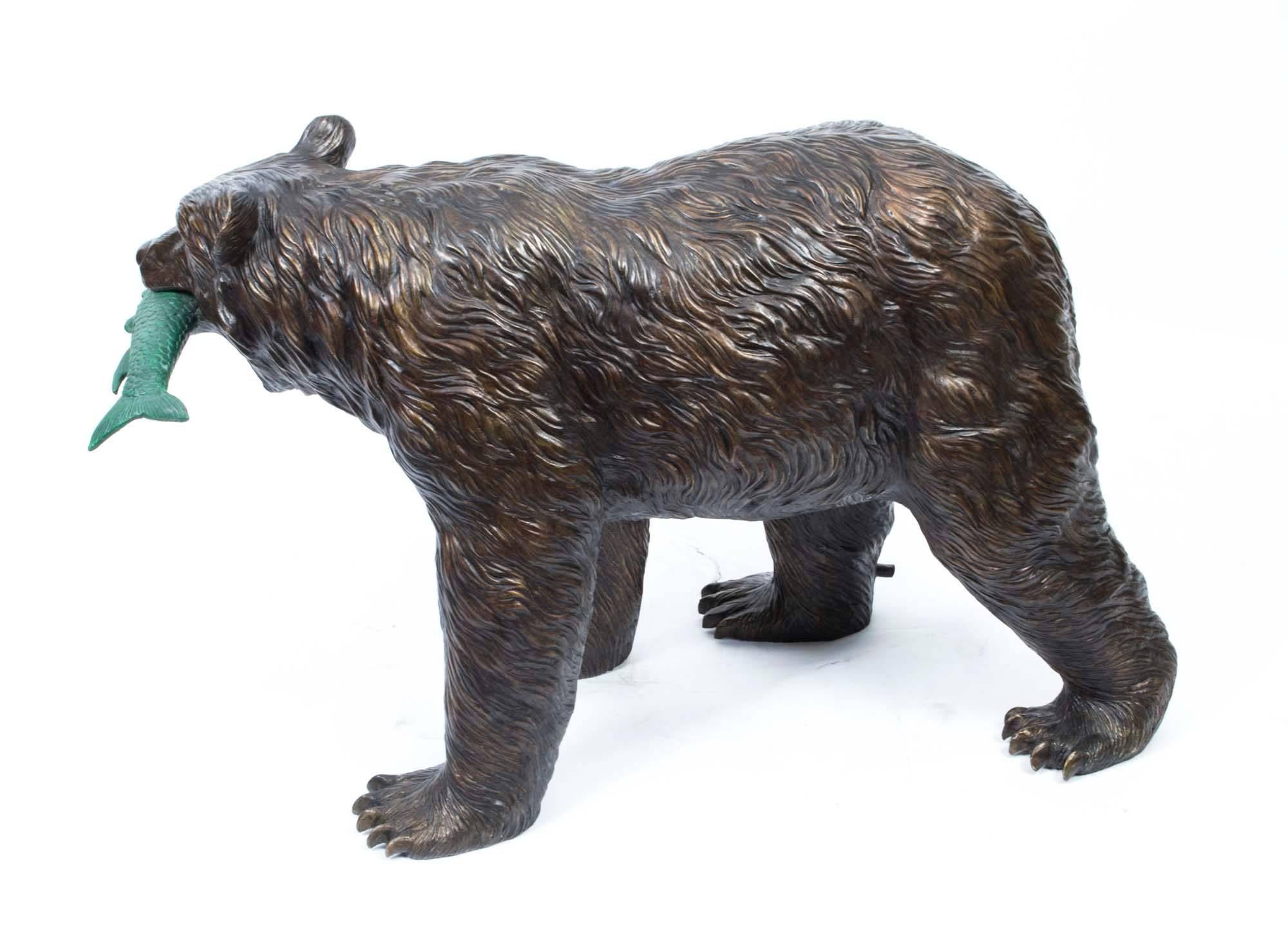 Late 20th Century Wild Bear Catching Fish Bronze Sculpture