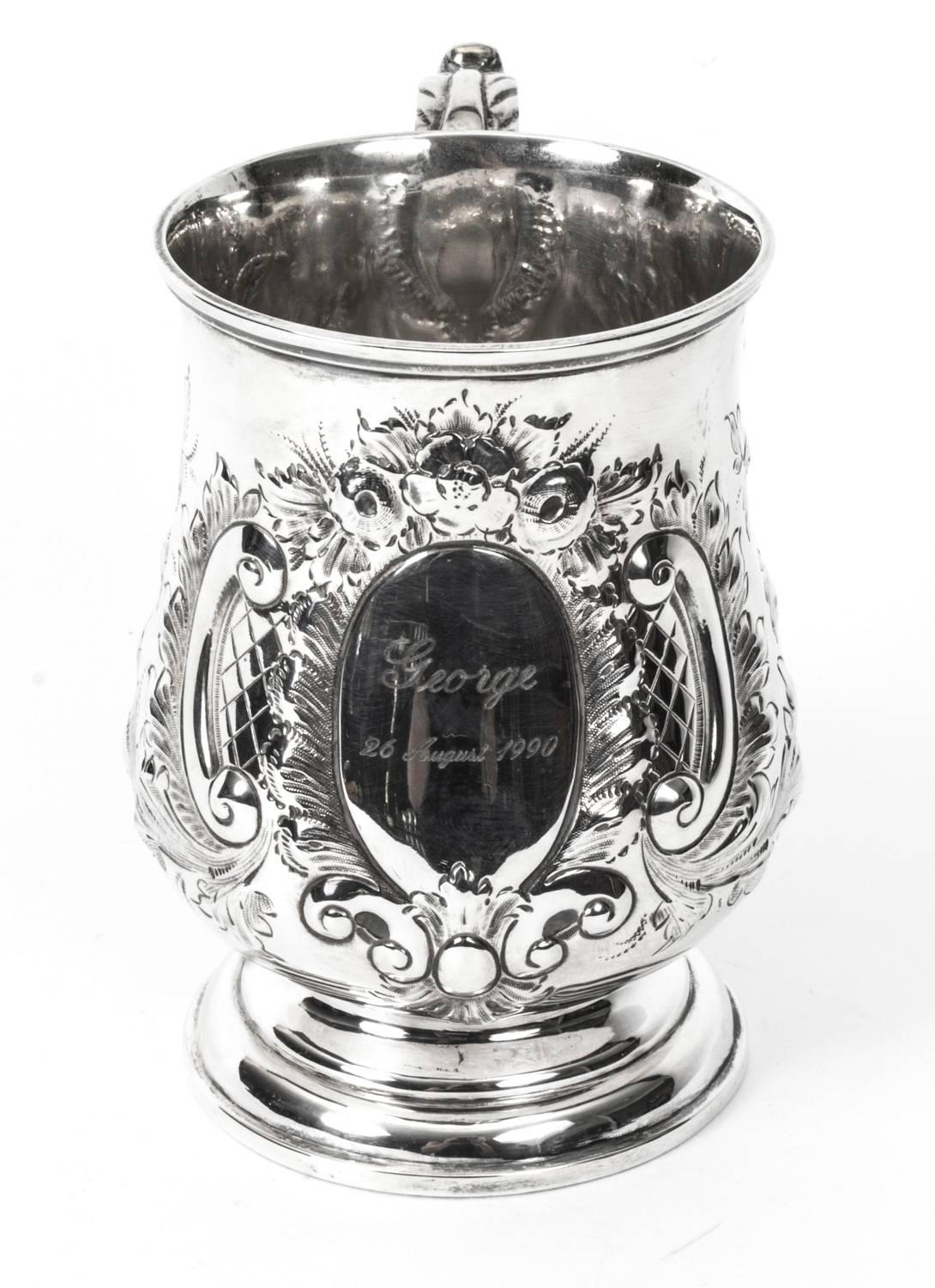 19th Century Victorian Silver Plated Embossed and Engraved Mug 1