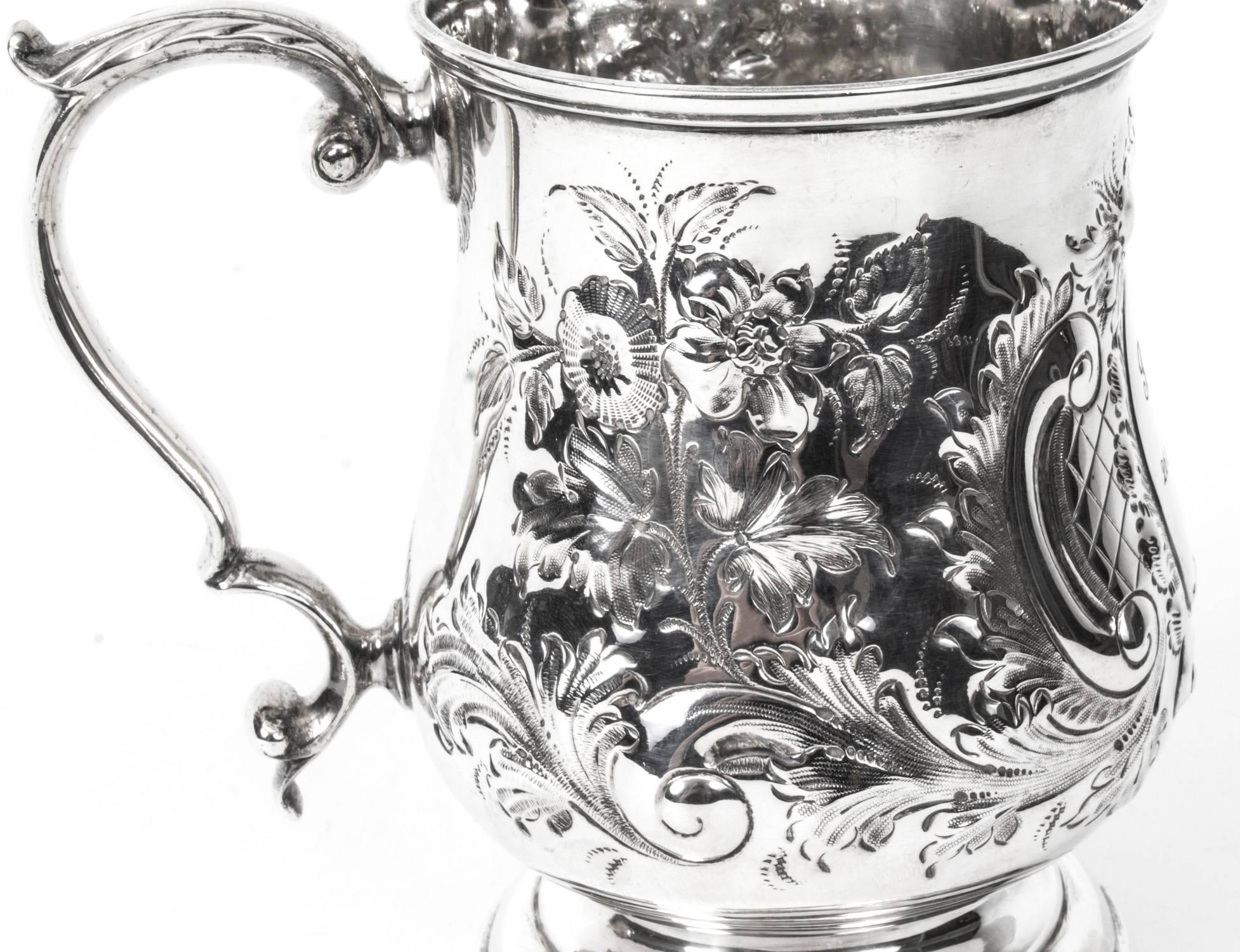 English 19th Century Victorian Silver Plated Embossed and Engraved Mug