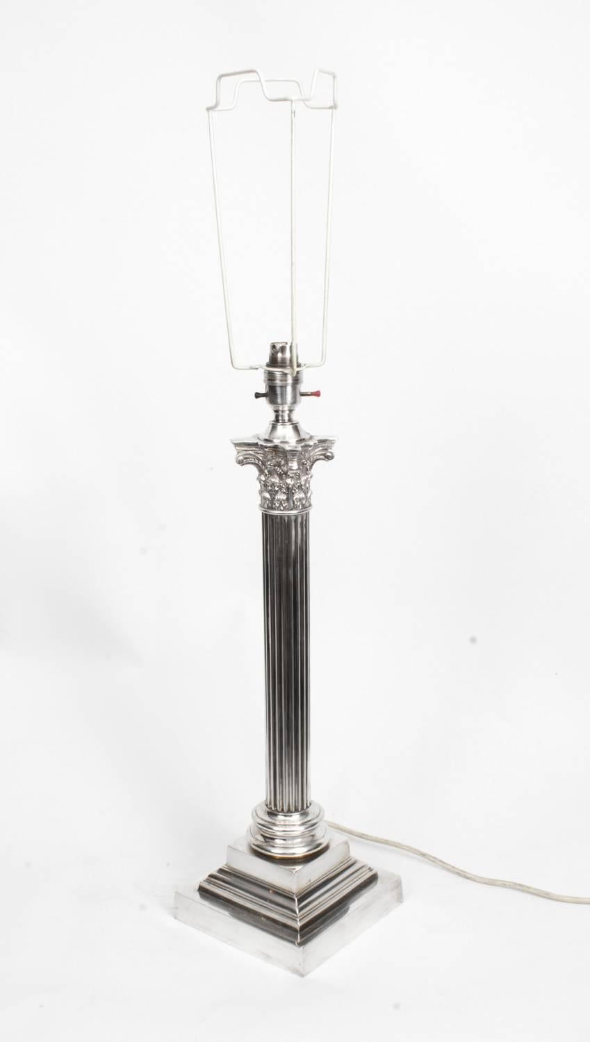 Antique Victorian Silver Plated Corinthian Column Table Lamp, circa 1880 2