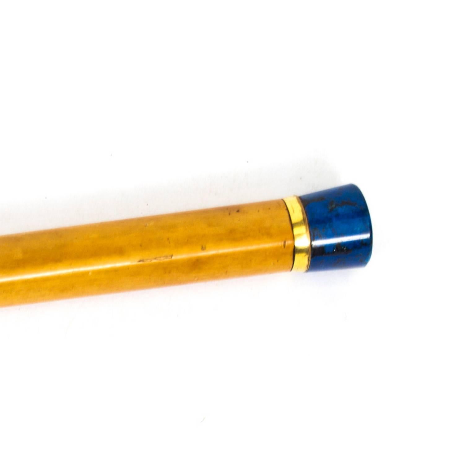 This is an exquisite antique 19th century malacca walking cane mounted with a beautiful lapis lazuli domed pommel on a gilded ring on a malacca shaft with gilt metal ferrule.

A truly beautiful piece that would make a Fine addition to any