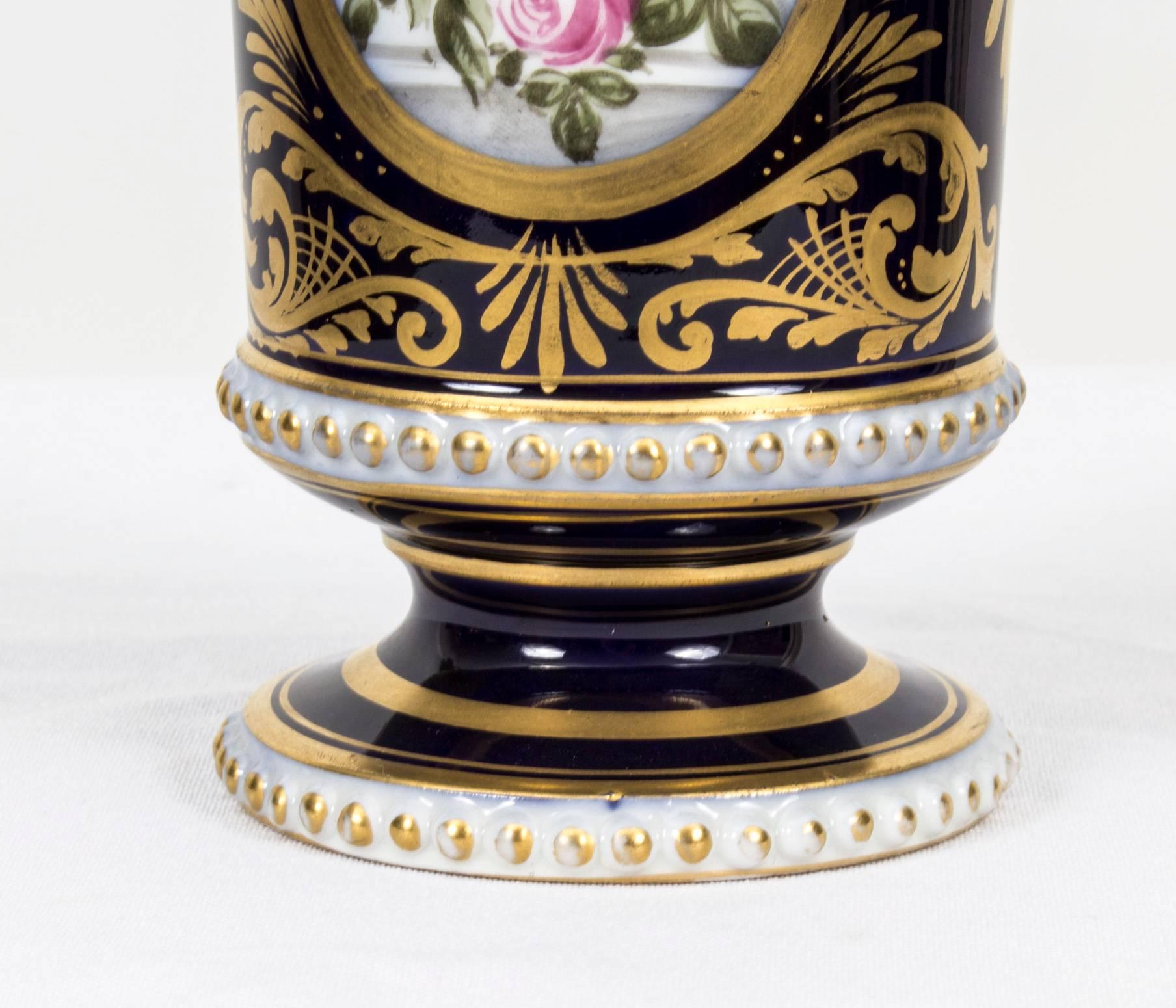 Hand-Painted Antique Pair of Royal Blue Derby Spill Vases, circa 1900