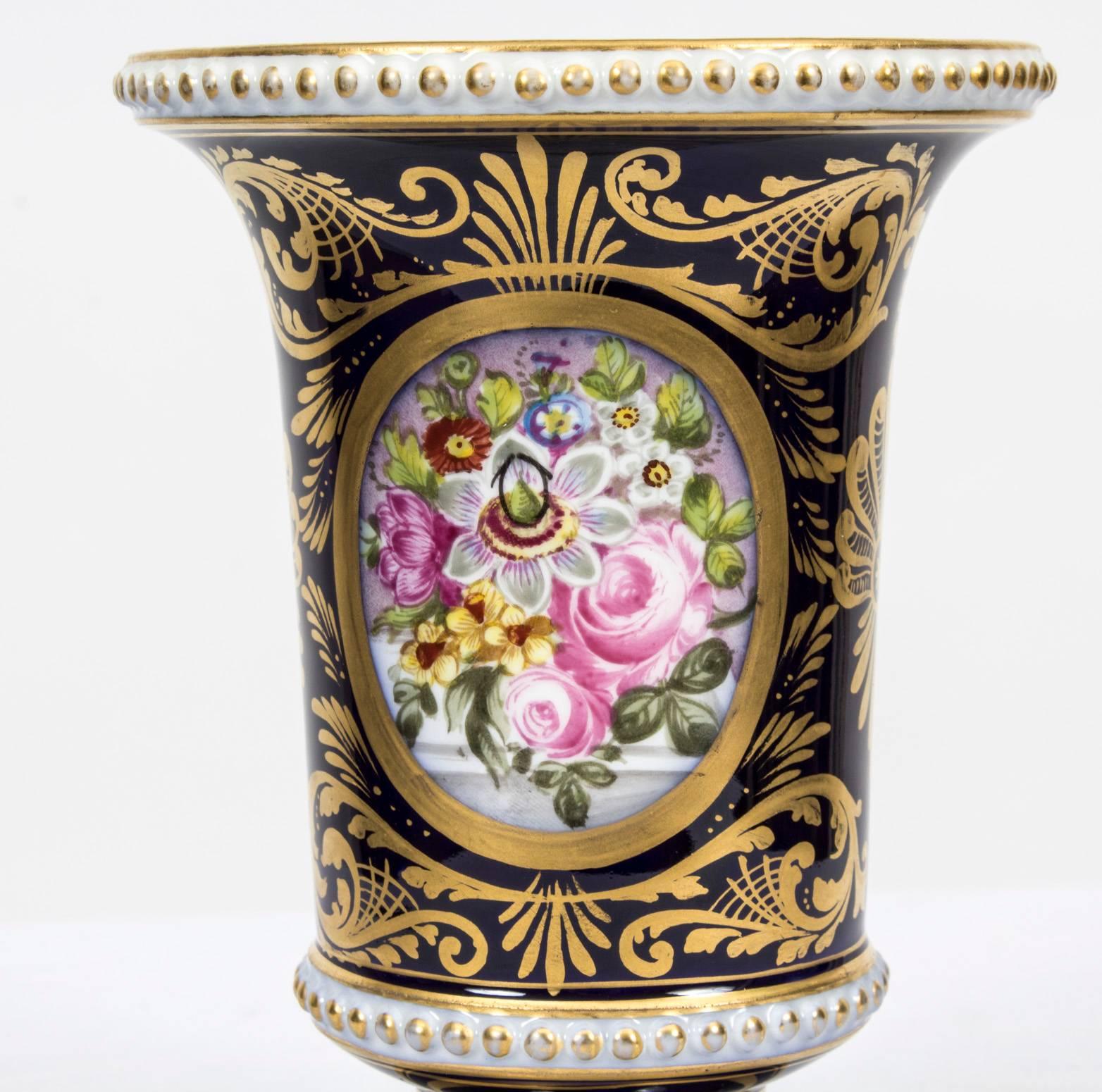 English Antique Pair of Royal Blue Derby Spill Vases, circa 1900