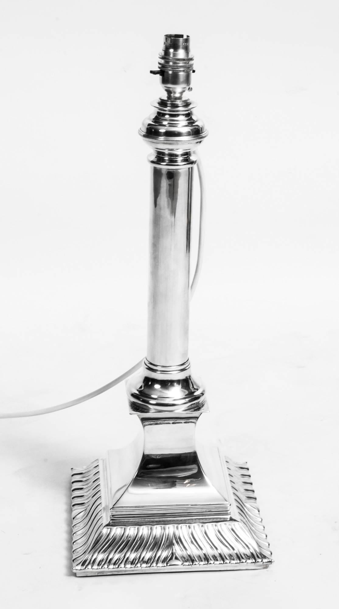 This is an elegant antique Victorian silver plated column table lamp, circa 1880 in date.

In working condition having been rewired.


Condition:
In excellent condition having been beautifully restored in our workshops, please see photos for