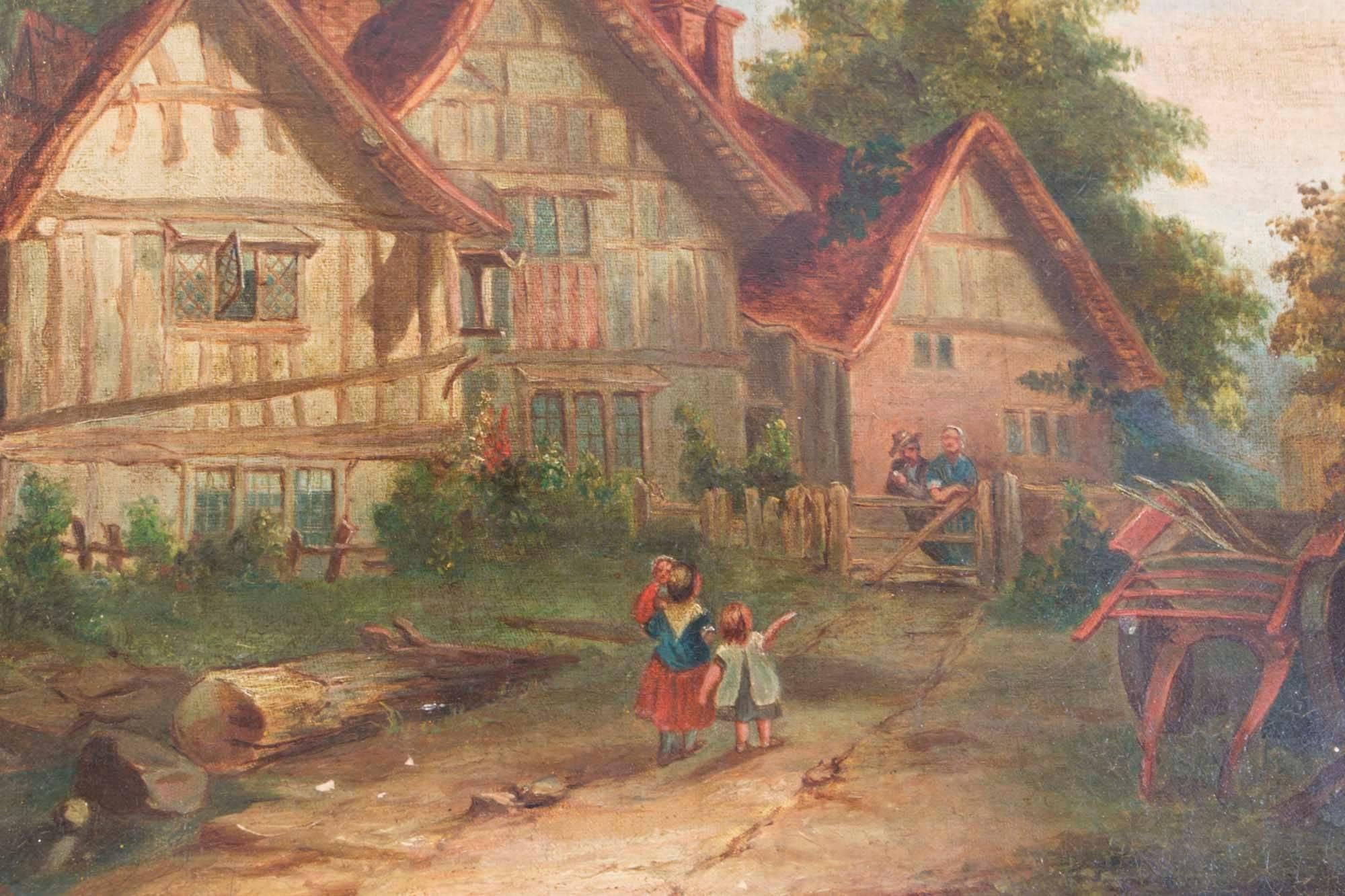 This is a charming Victorian English School, oil on canvas, in a gilded frame, circa 1880 in date.

The painting depicts a serene rural countryside scene with a huge cottage and children returning home, their parents are standing behind the gate