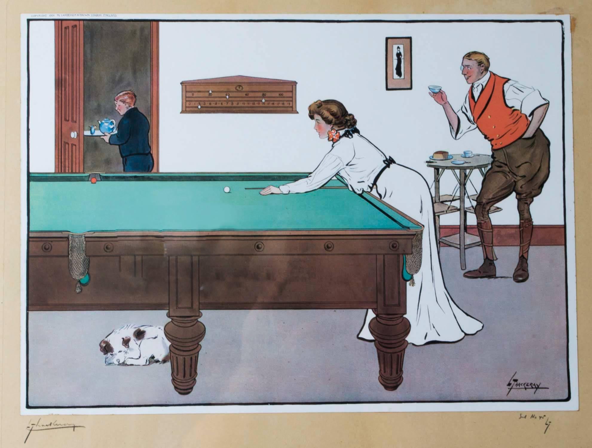This is a pair of antique coloured lithographic prints entitled 'Snookered' and 'Left', after Lance Thackeray , circa 1910.

The pair of prints mounted within oak frames with applied snooker cue and ball decoration and applied plaques is inscribed