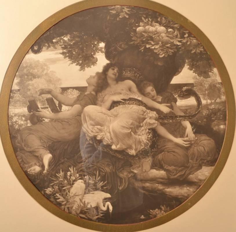 This is a beautiful print of the famous painting 'Garden of Hesperides' by Lord Fredric Leighton, painted in 1892.

The Garden of the Hesperides' depicts the three daughters of Hesperus or the God of Evening, the Hesperides, resting.

The picture
