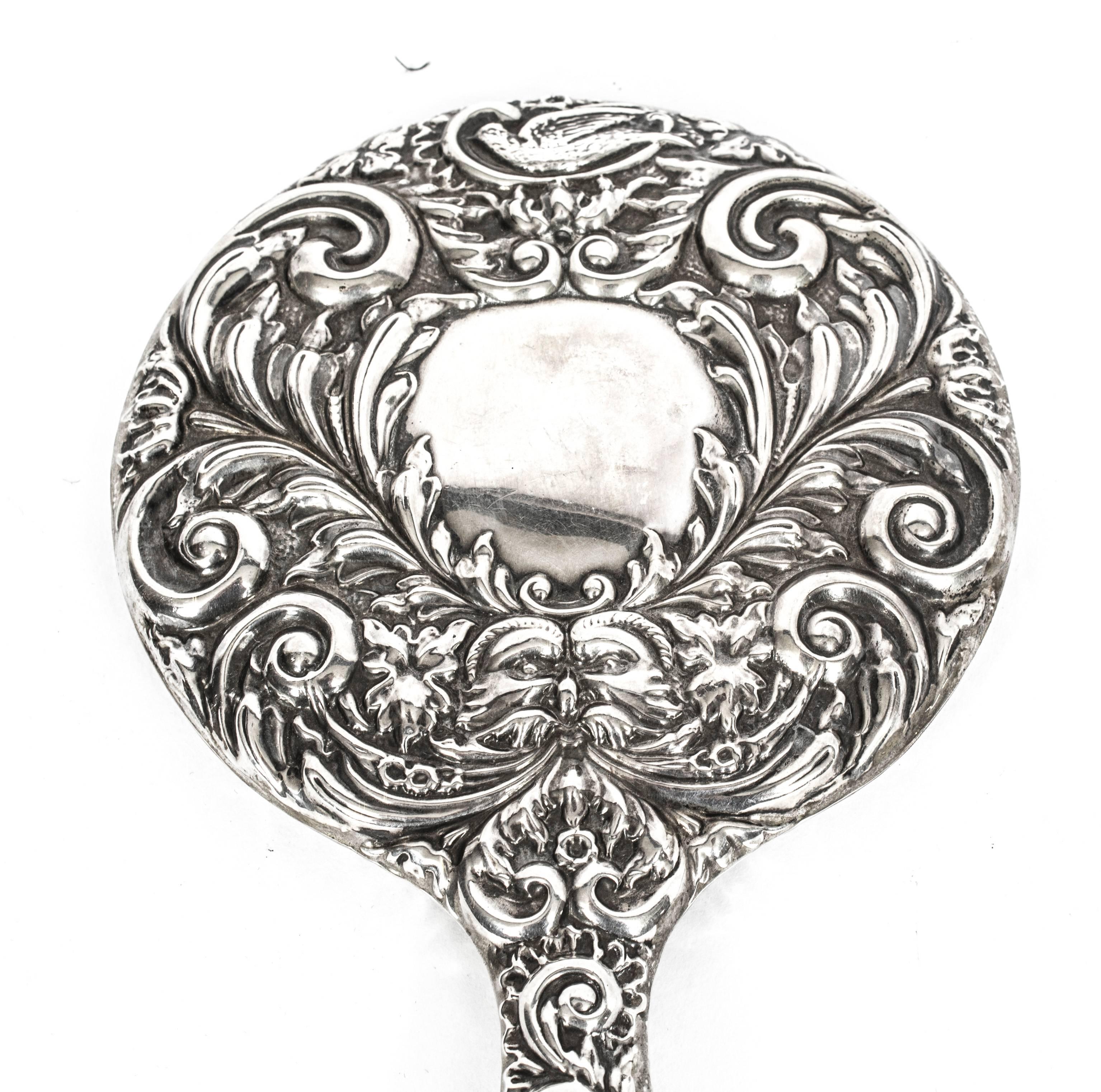 English Antique Edwardian Sterling Silver and Embossed Hand Mirror, 1917