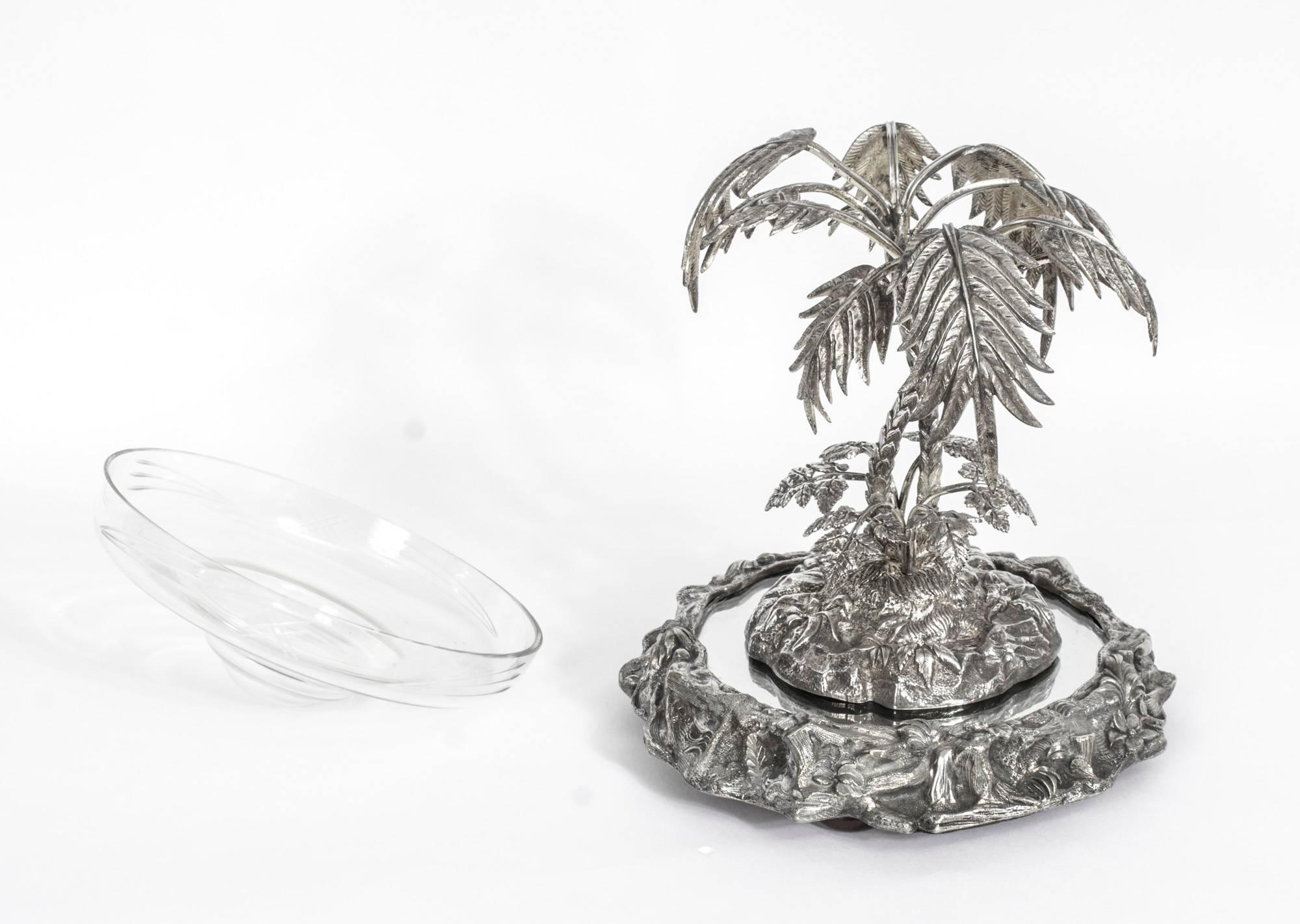 19th Century Antique Victorian Silver Plated Palm Tree Centrepiece Mirrored Base, circa 1860