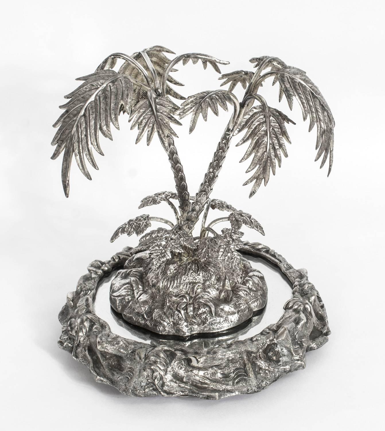 Antique Victorian Silver Plated Palm Tree Centrepiece Mirrored Base, circa 1860 1