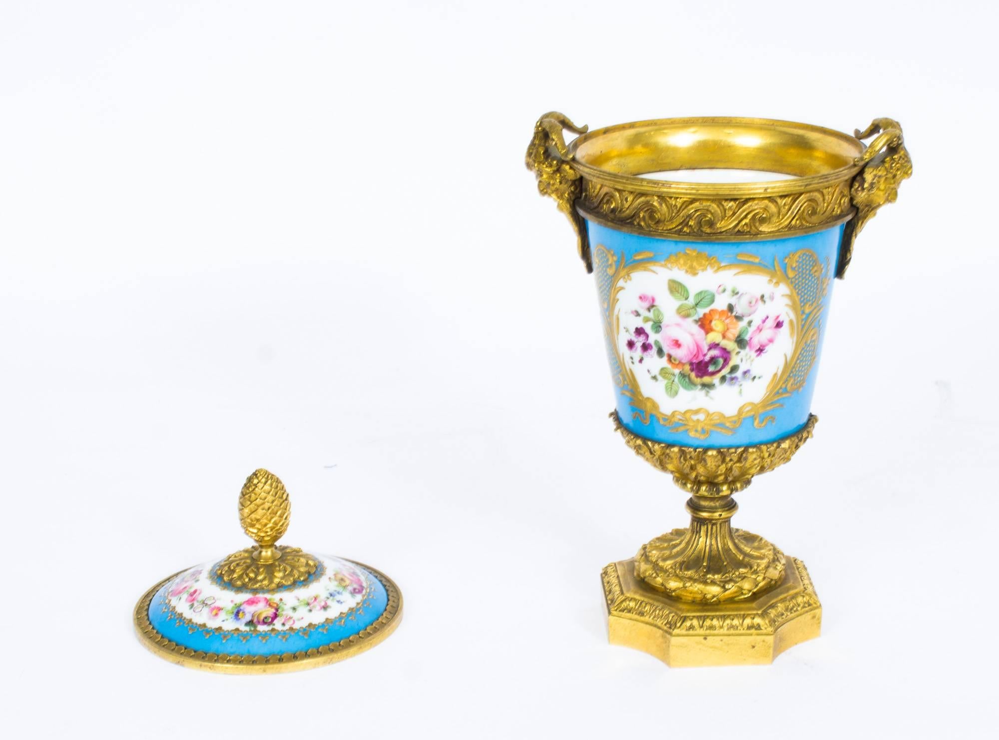 19th Century Pair of French Ormolu-Mounted Sèvres Lidded Urns Vases 2