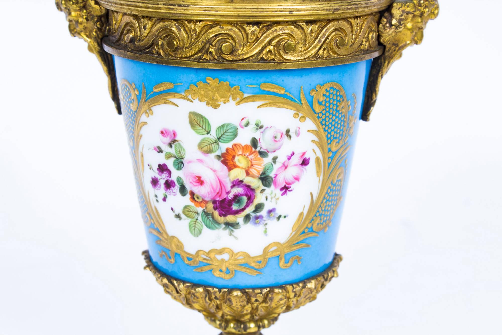 Louis XV 19th Century Pair of French Ormolu-Mounted Sèvres Lidded Urns Vases