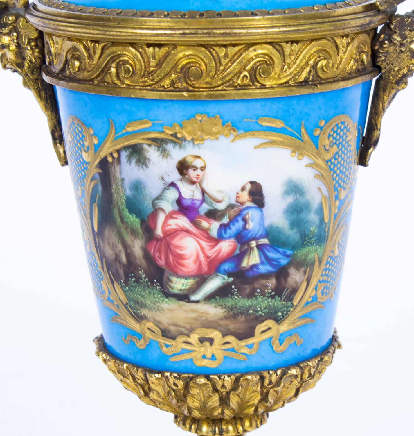 Porcelain 19th Century Pair of French Ormolu-Mounted Sèvres Lidded Urns Vases