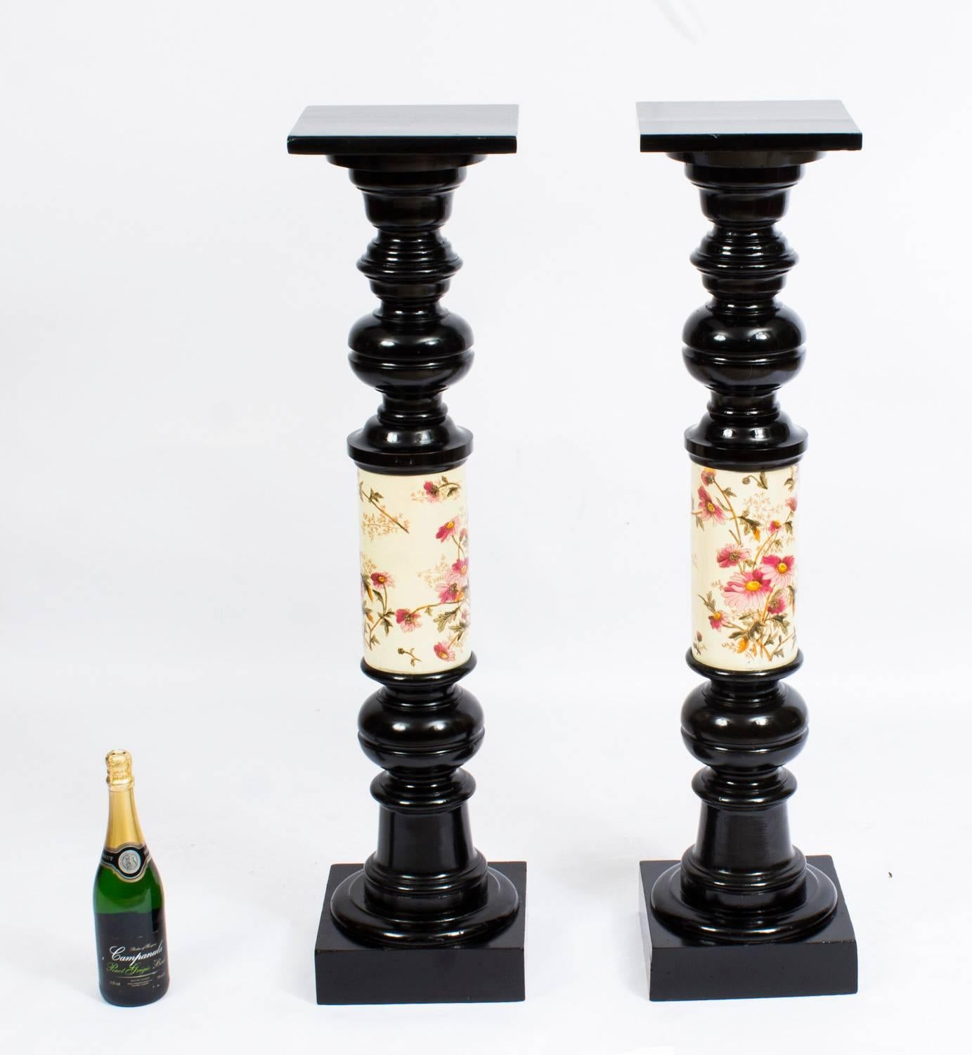 19th Century Pair of Ebonised and Porcelain Pedestals 5