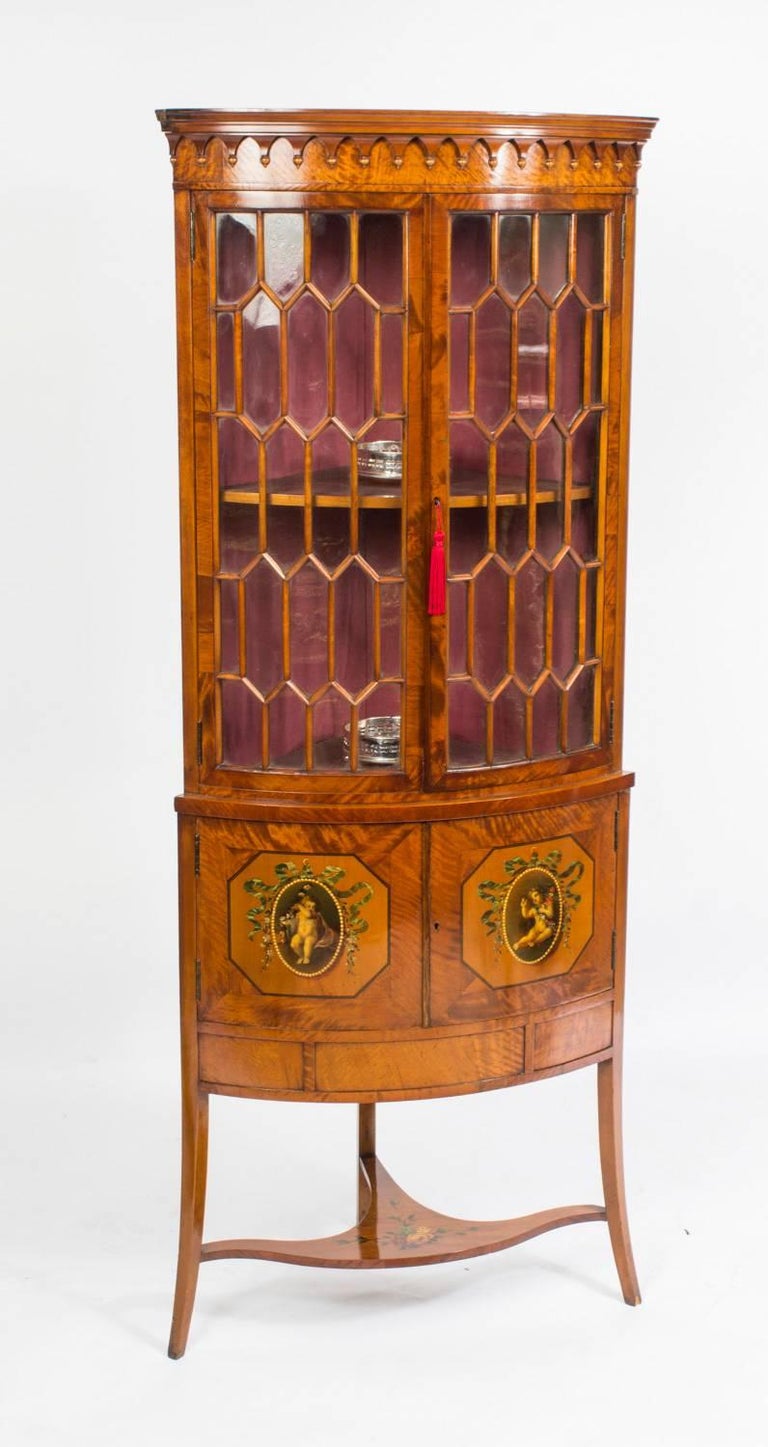 19th Century English Edwardian Satinwood Corner Display Cabinet For This Is A Fabulous Antique English Edwardian Satinwood Bow Fronted Corner Display Cabinet With Hand