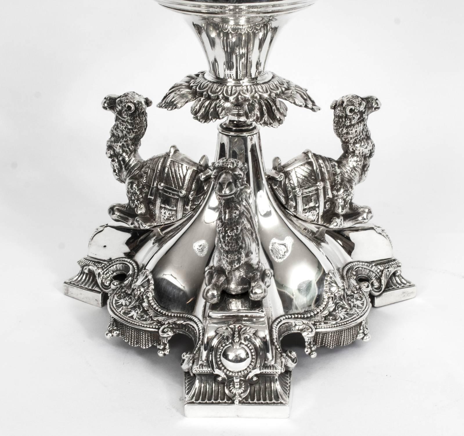 19th Century Victorian Silver Plate Camels Centrepiece Cut Crystal In Excellent Condition In London, GB
