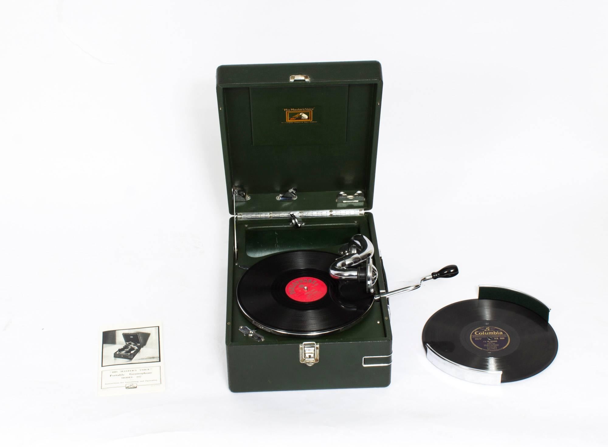 This really excellent portable gramophone was made by 'His Master's Voice' 

Model: 102C first made in 1931, this one dates from 1934.
Serial no:B/2 38644

This is a de-luxe variant in green leathercloth, a rare colour. It was very popular in