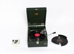Antique Portable HMV Gramophone Mod 102 Green with Disc Carrier, 1934