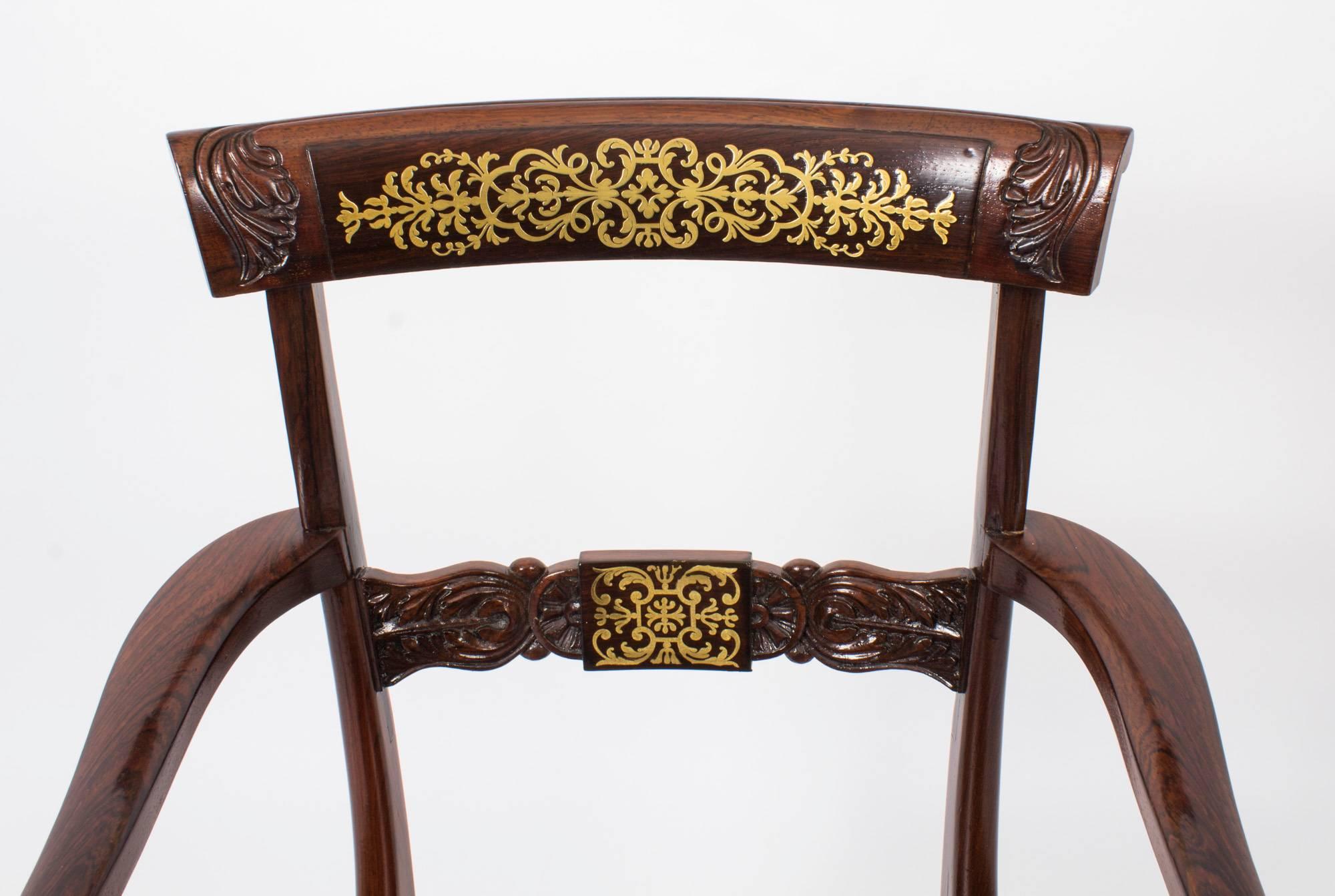 English 19th Century Regency Brass Marquetry Elbow Chair Armchair