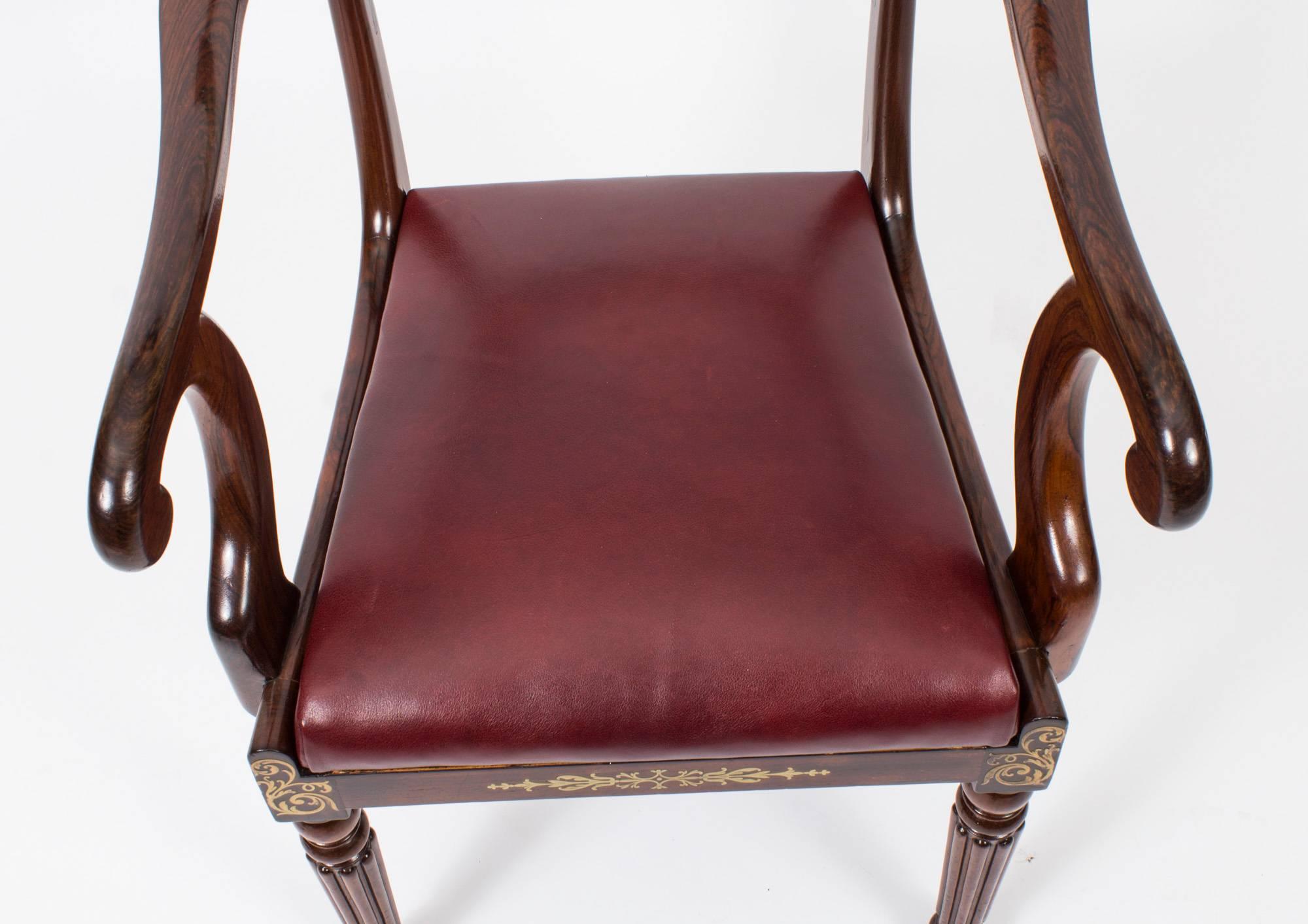 19th Century Regency Brass Marquetry Elbow Chair Armchair 2