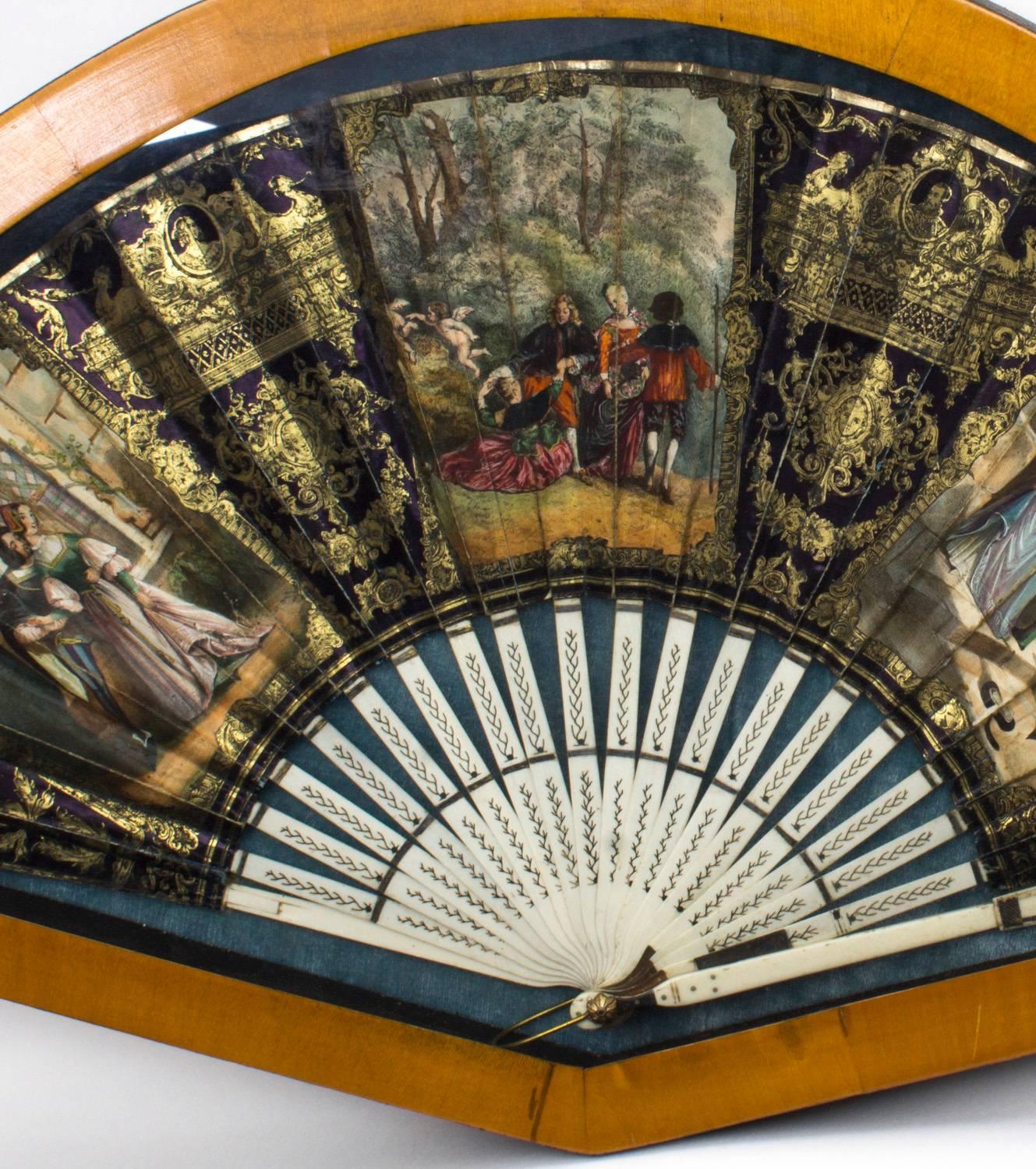 Antique French Hand-Painted Cased Mother-of-Pearl Fan, circa 1880 In Excellent Condition In London, GB