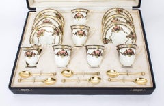 Antique Royal Worcester Coffee Set & Silver gilt spoons x 6 Cased 1915
