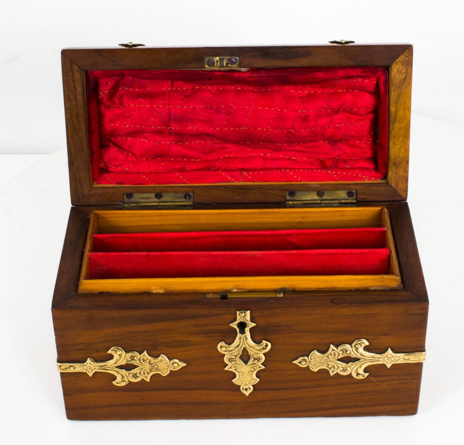 Antique Walnut Brass-Mounted Stationery Box, circa 1860 2
