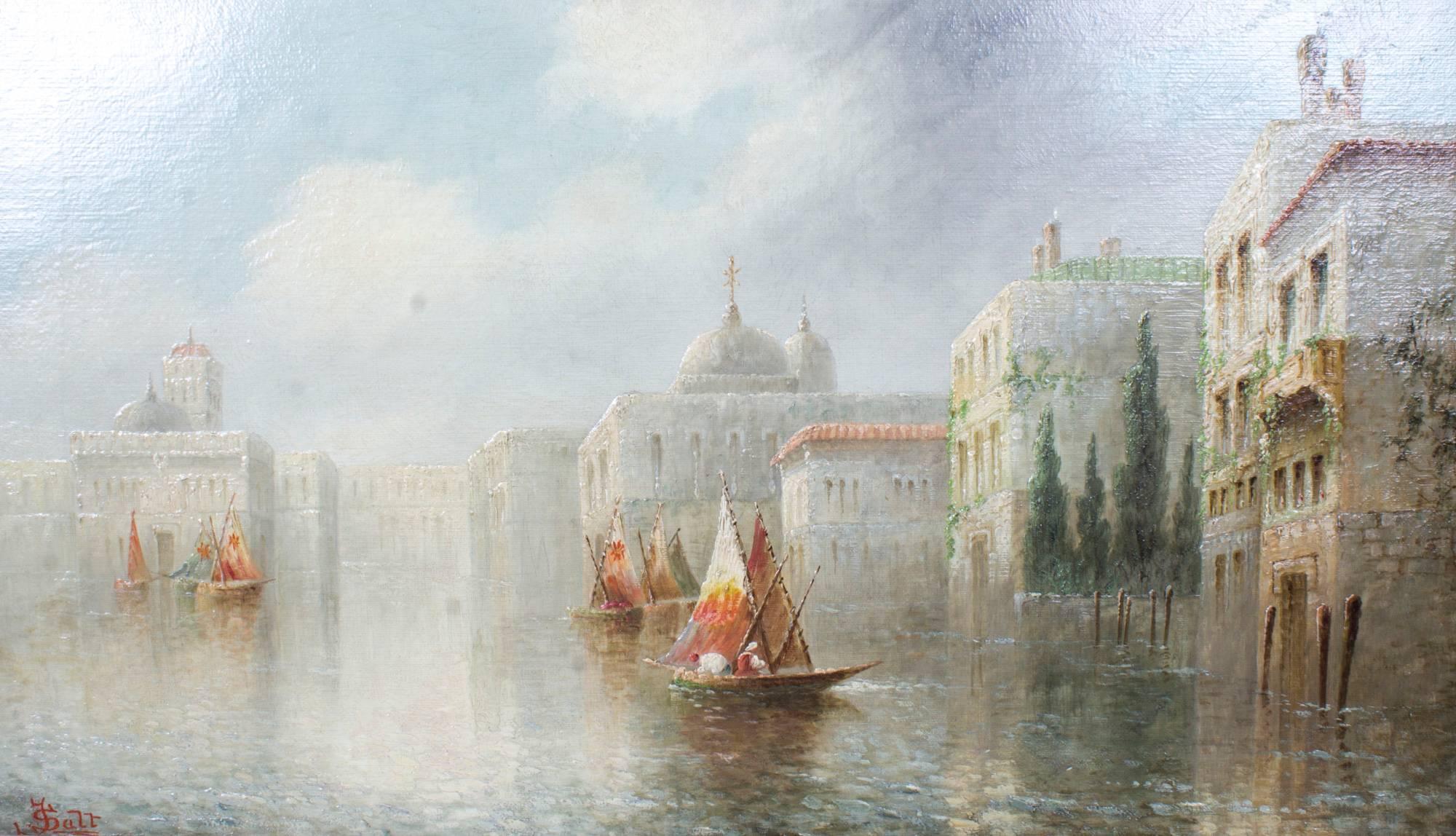 "On the Grand Canal" by James Salt (1850-1903) signed J. Salt (lower left). This beautiful oil on canvas captures the most painted city in the history of art-Venice.

Painted in a manner which resembles the school of Canaletto.

The