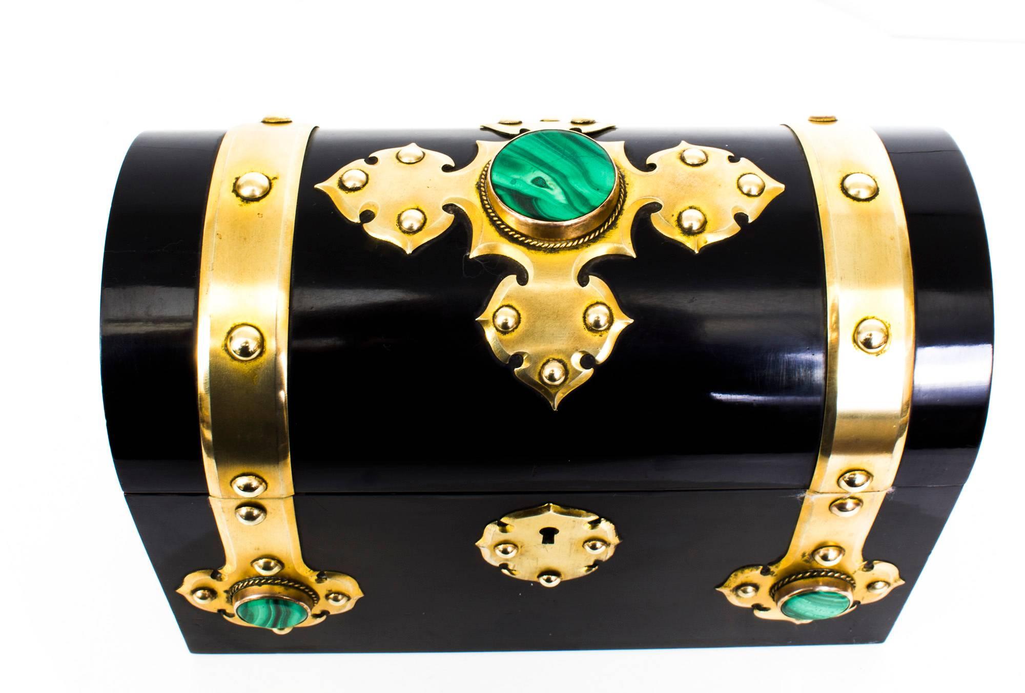 Ebonized 19th Century Gothic Revival Brass Inset Malachite Casket