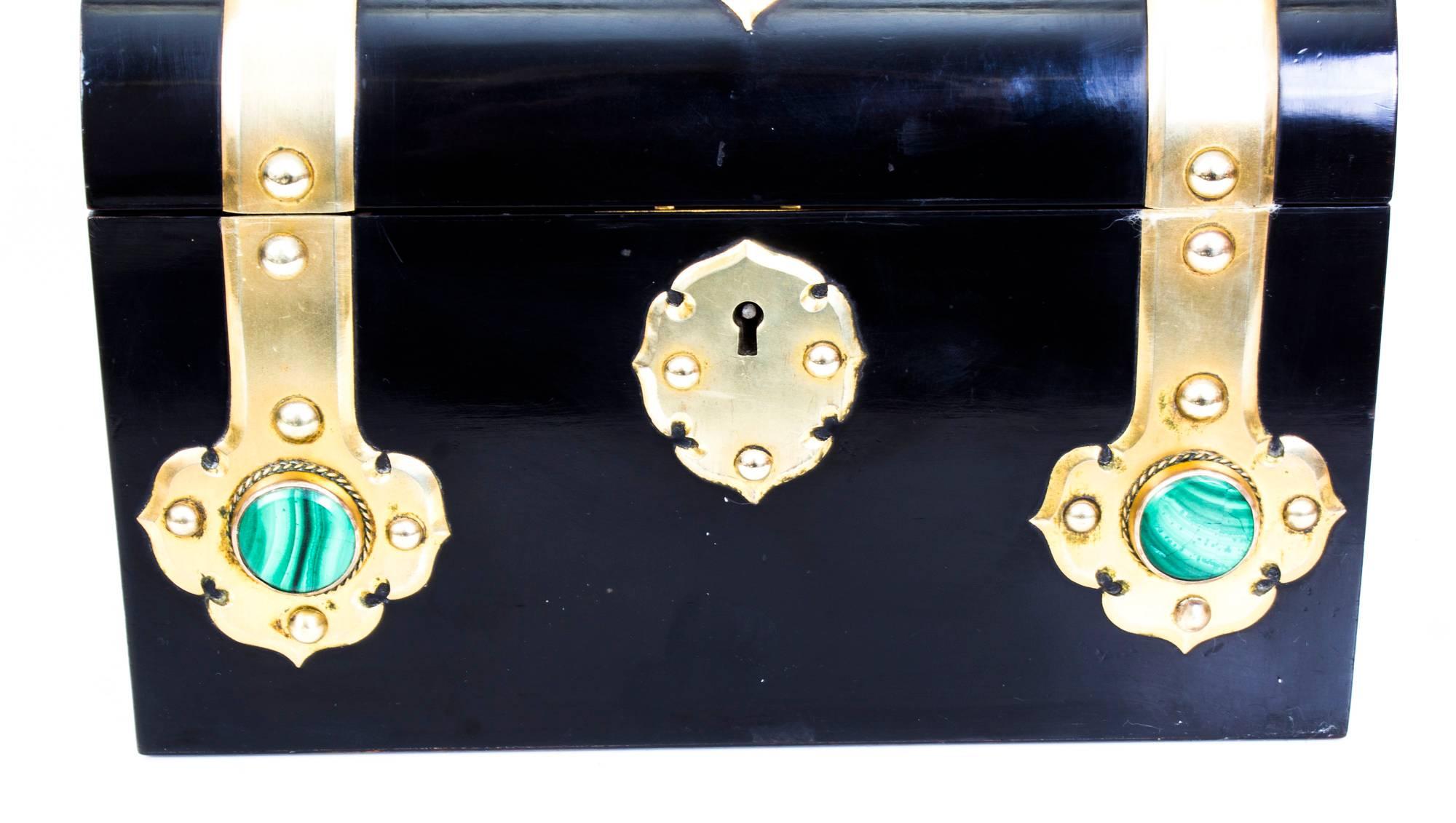 English 19th Century Gothic Revival Brass Inset Malachite Casket