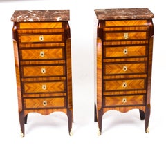 19th Century Pair of French Kingwood & Rouge Marble-Top Bedside Chests Cabinets