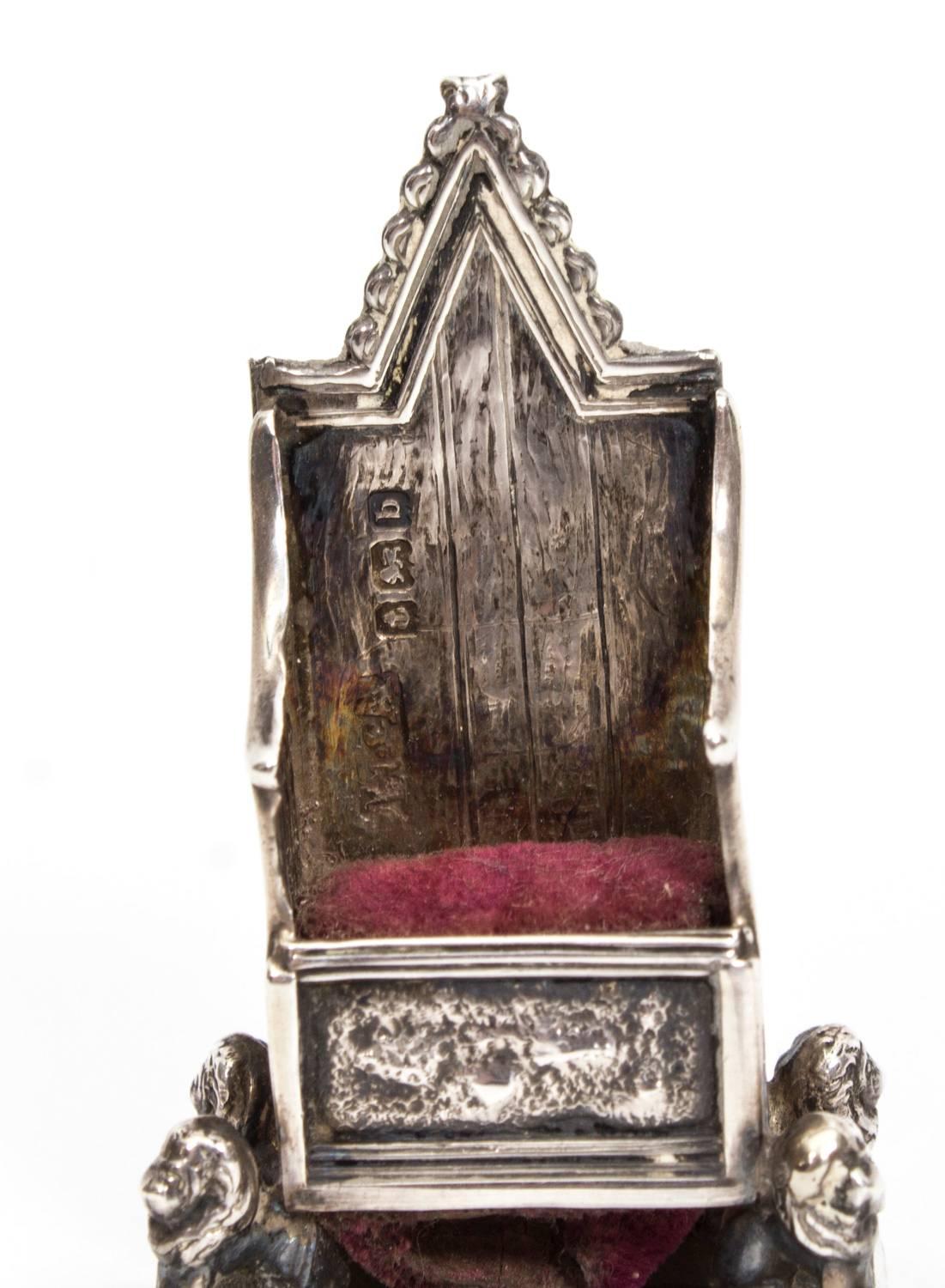 English Antique Edwardian Sterling Silver Throne Pin Cushion, 1901