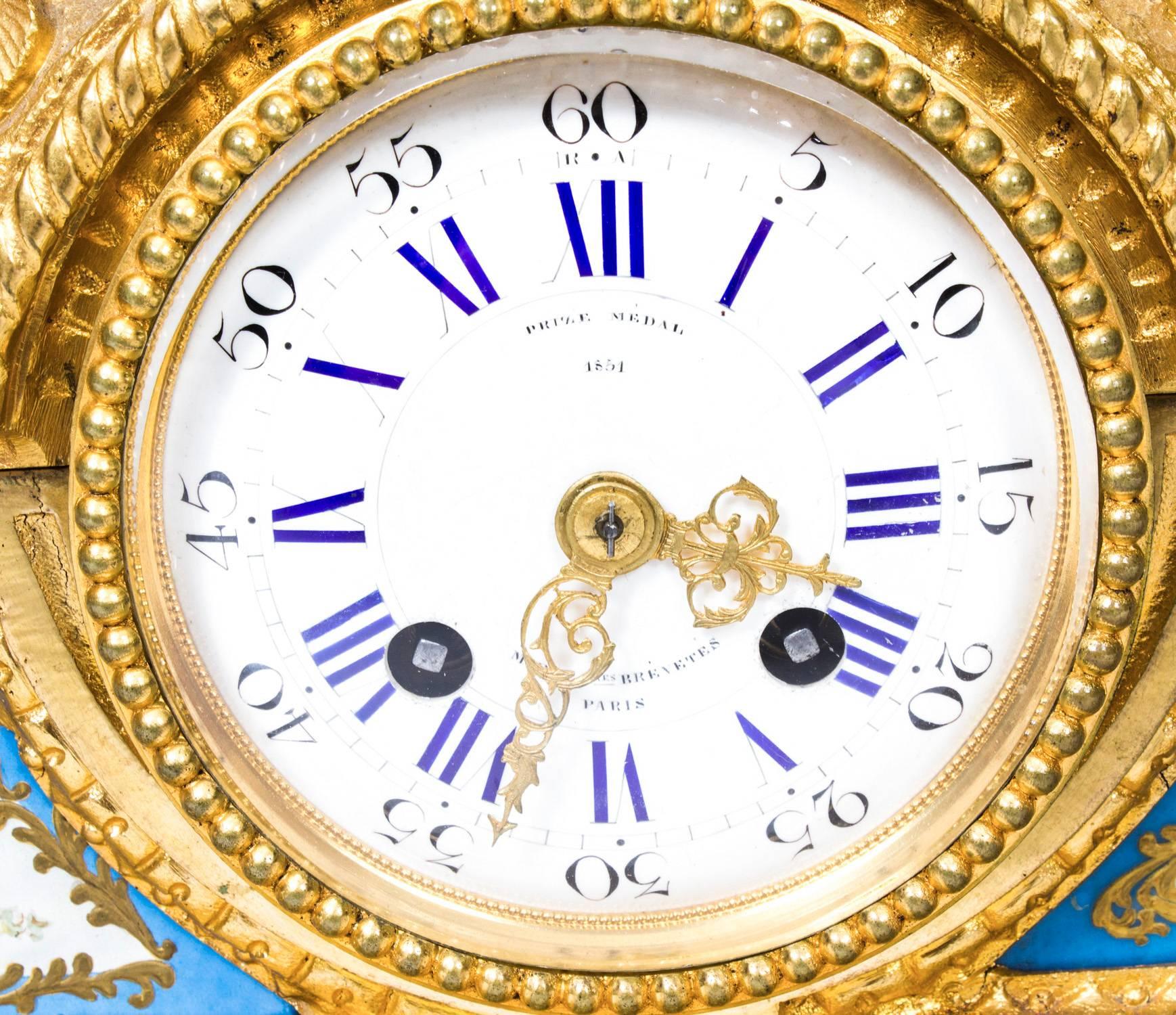 19th Century French Gilt Bronze Bleu Celeste Sevres Porcelain Clock 2