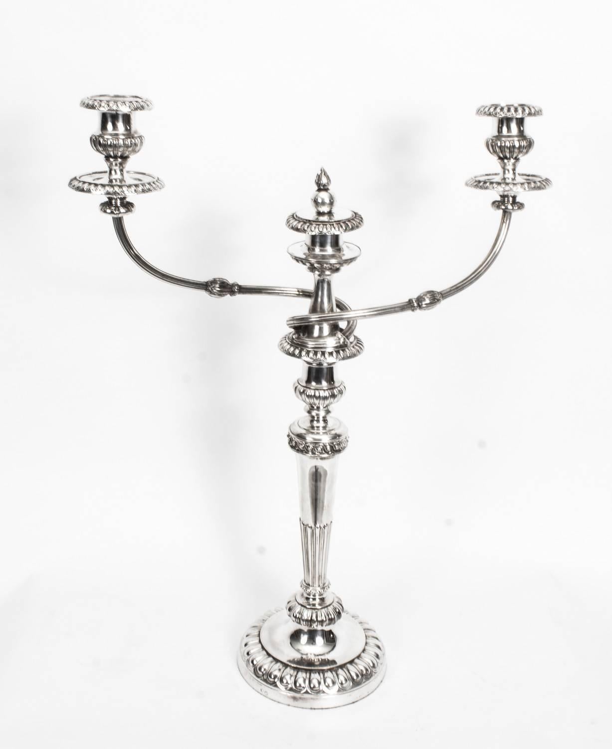 This is a stunning pair of antique English Victorian Old Sheffield silver plate, three-light, two-branch table candelabra, circa 1784 in date, and bearing the makers mark of the renowned silversmith Matthew Boulton.
 
The candelabra feature