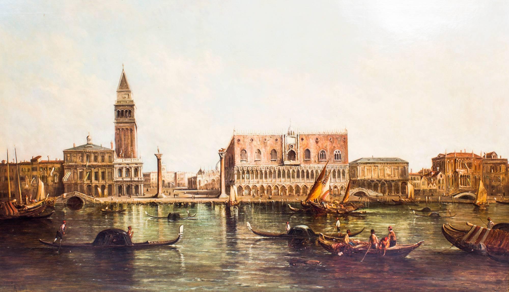 This is a beautiful oil on canvas painting of the Doge's Palace and St Mark's Square from the Grand Canal, Venice by the renowned British artist Alfred Pollentine (1836-1890) and signed dated '74 on lower left.

This beautiful waterscape captures a