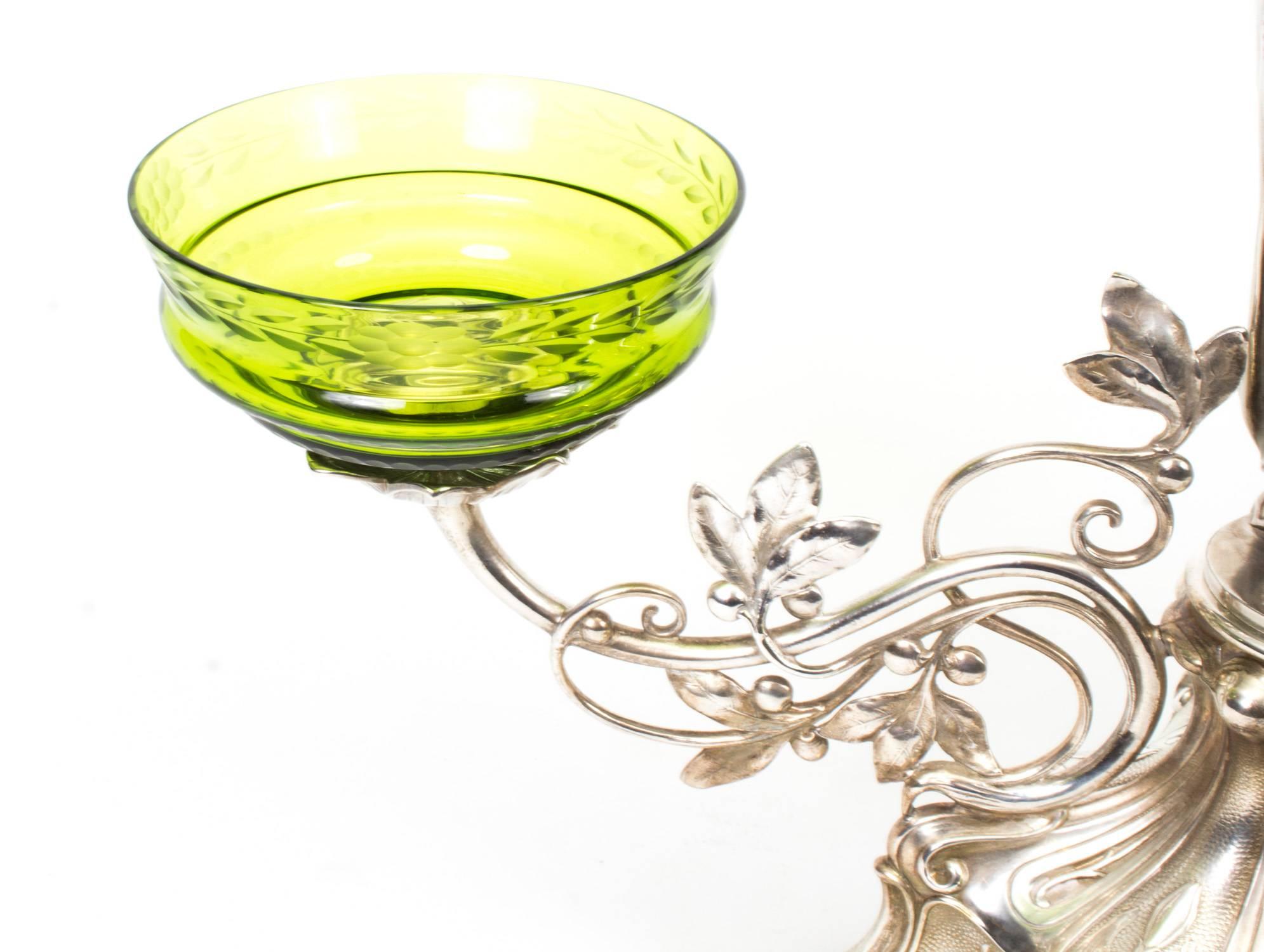 Silver Plate 19th Century WMF Art Nouveau Centrepiece Jade Green Glass