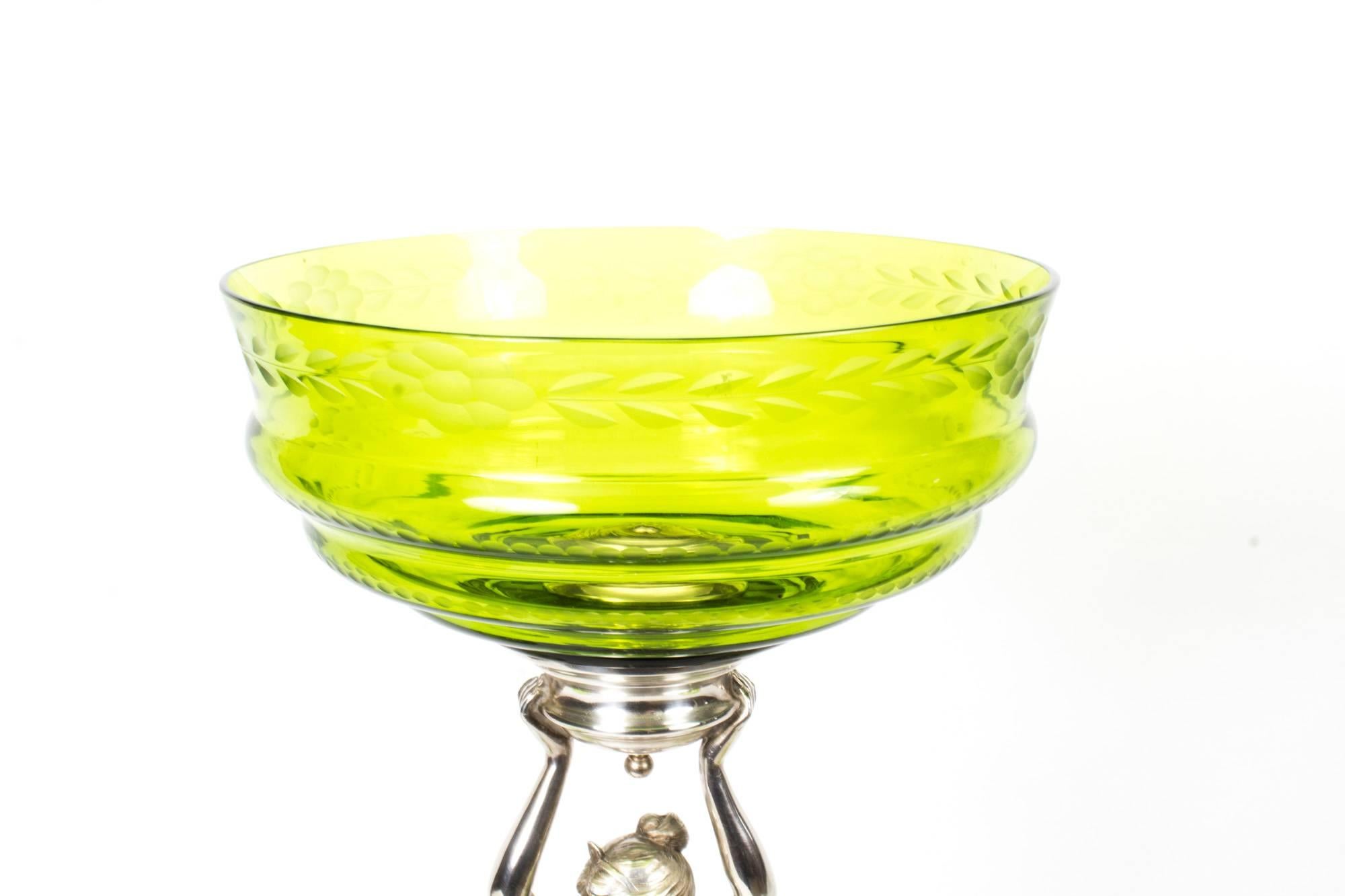 19th Century WMF Art Nouveau Centrepiece Jade Green Glass 1