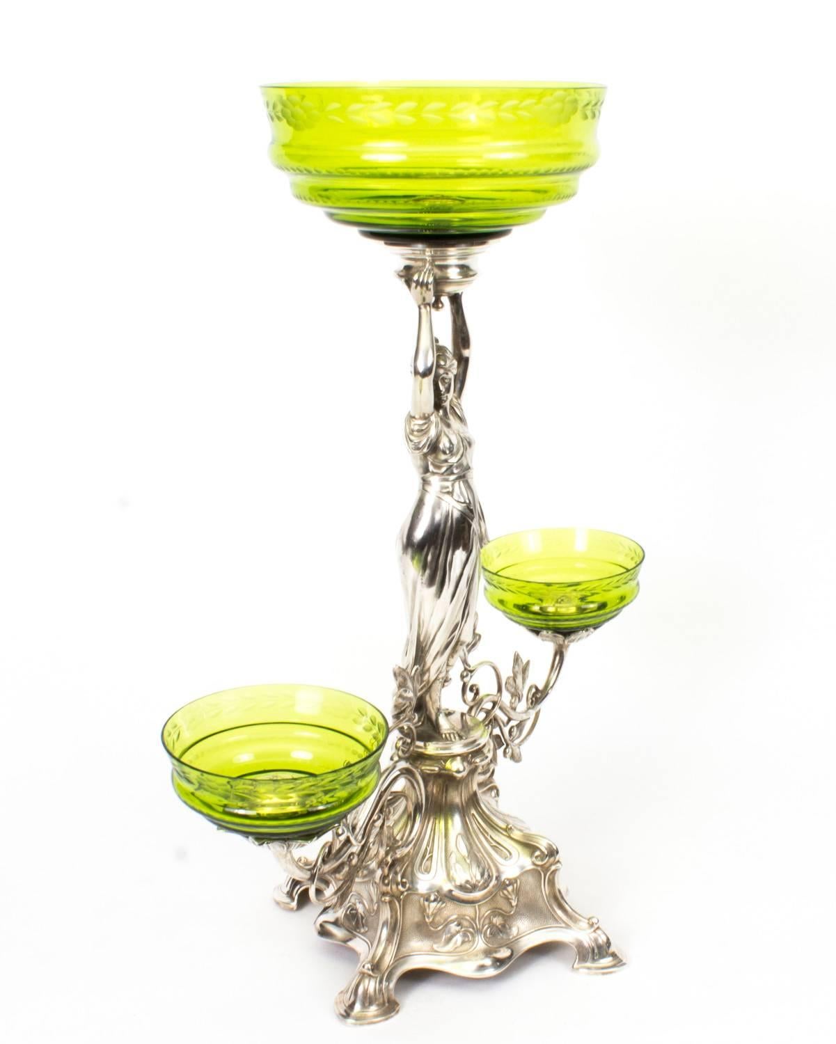19th Century WMF Art Nouveau Centrepiece Jade Green Glass 2