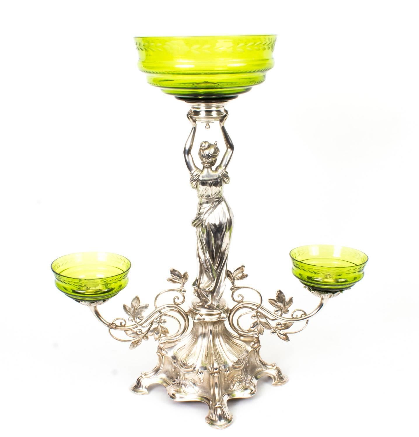 19th Century WMF Art Nouveau Centrepiece Jade Green Glass 4