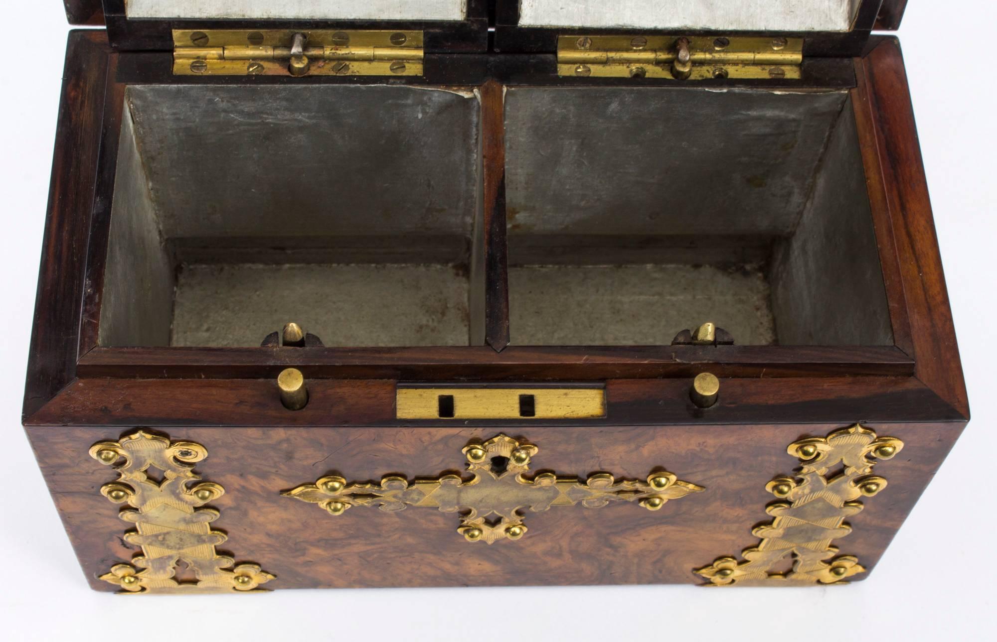 19th Century Victorian Walnut Domed Topped Cut Brass Mounted Tea Caddy 5