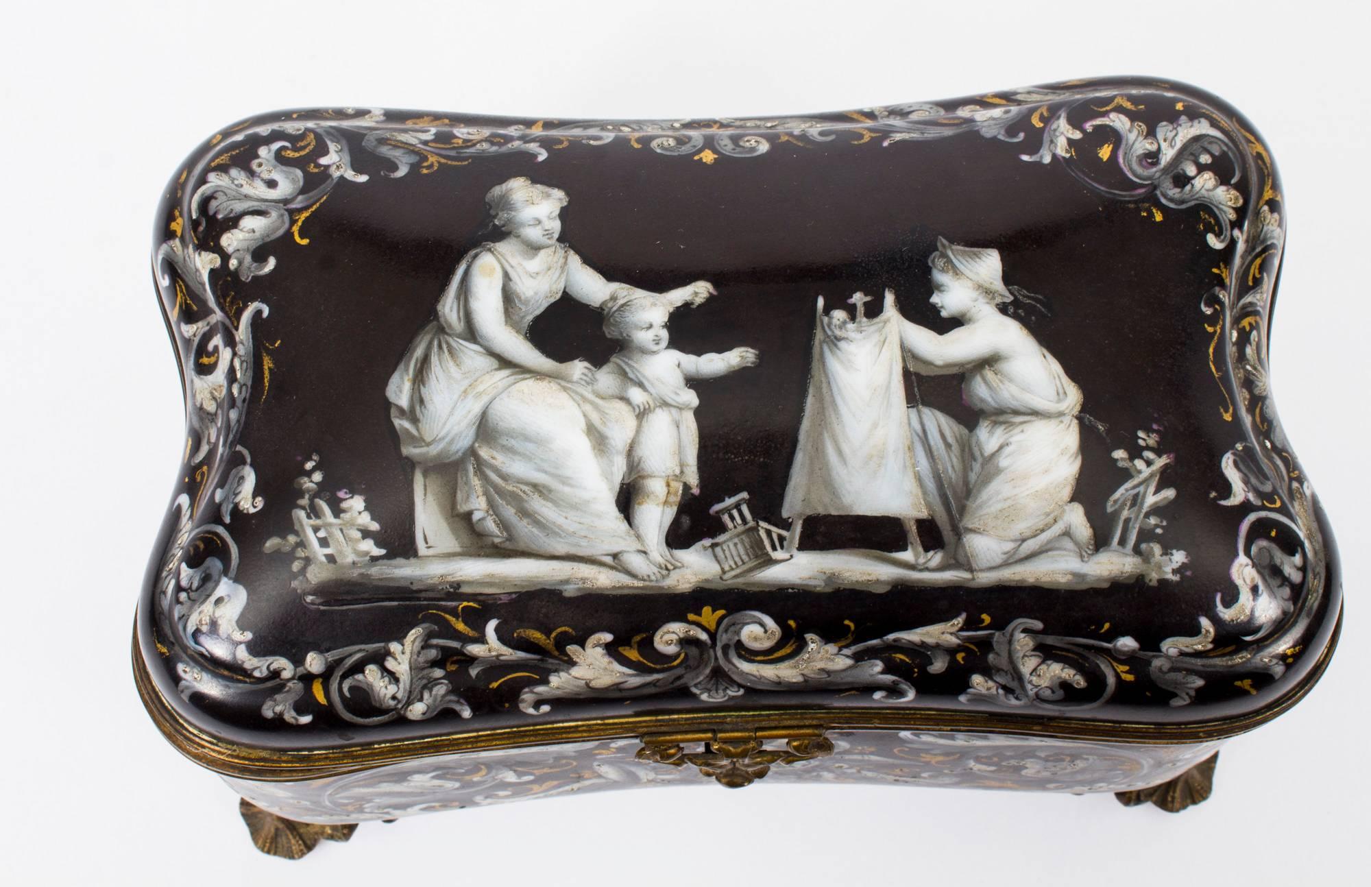 19th Century French Enamel Grisaille Jewelry Casket Box 1