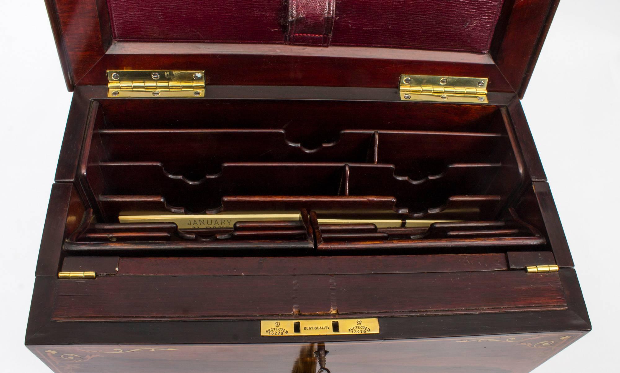 Leather Antique Victorian Black Walnut and Mahogany Writing Stationery Box, circa 1860