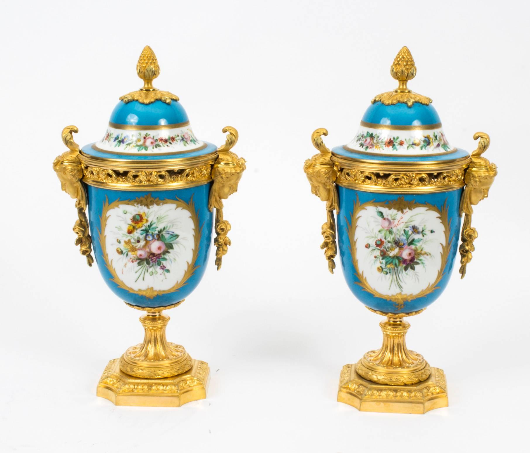 This is a beautiful antique pair of French Sèvres Porcelain and ormolu mounted garniture vases and covers, in Louis XV style, circa 1880 in date.

They are superbly decorated  in Sevres  Bleu Celeste with hand painted floral bouquets and ovals of