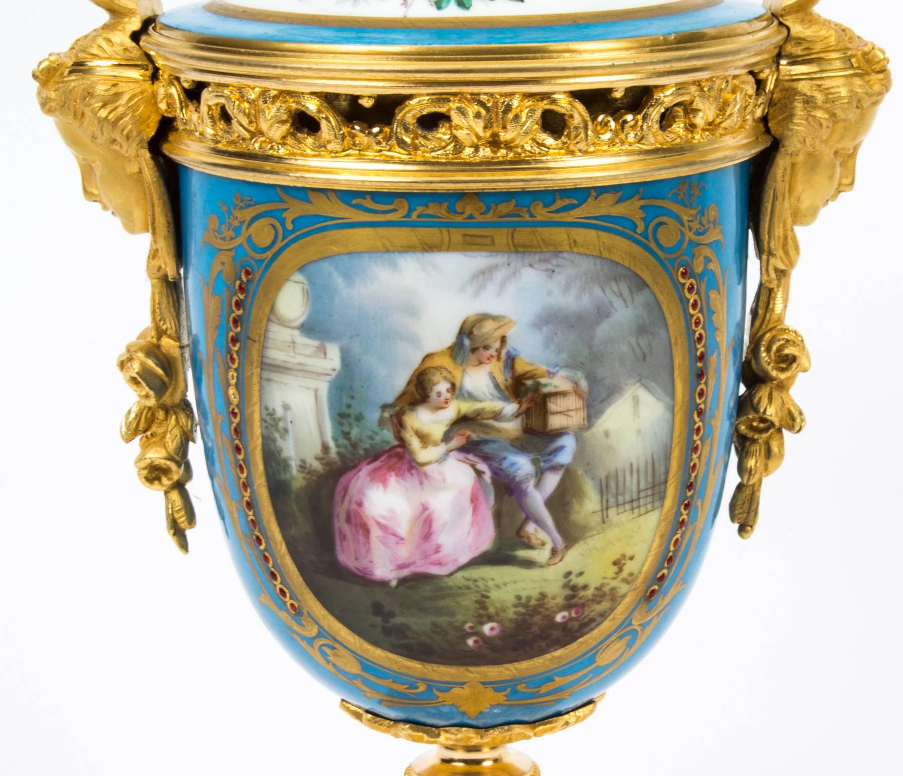 Louis XV 19th Century Pair of French Bleu Celeste Ormolu-Mounted Sevres Lidded Vases