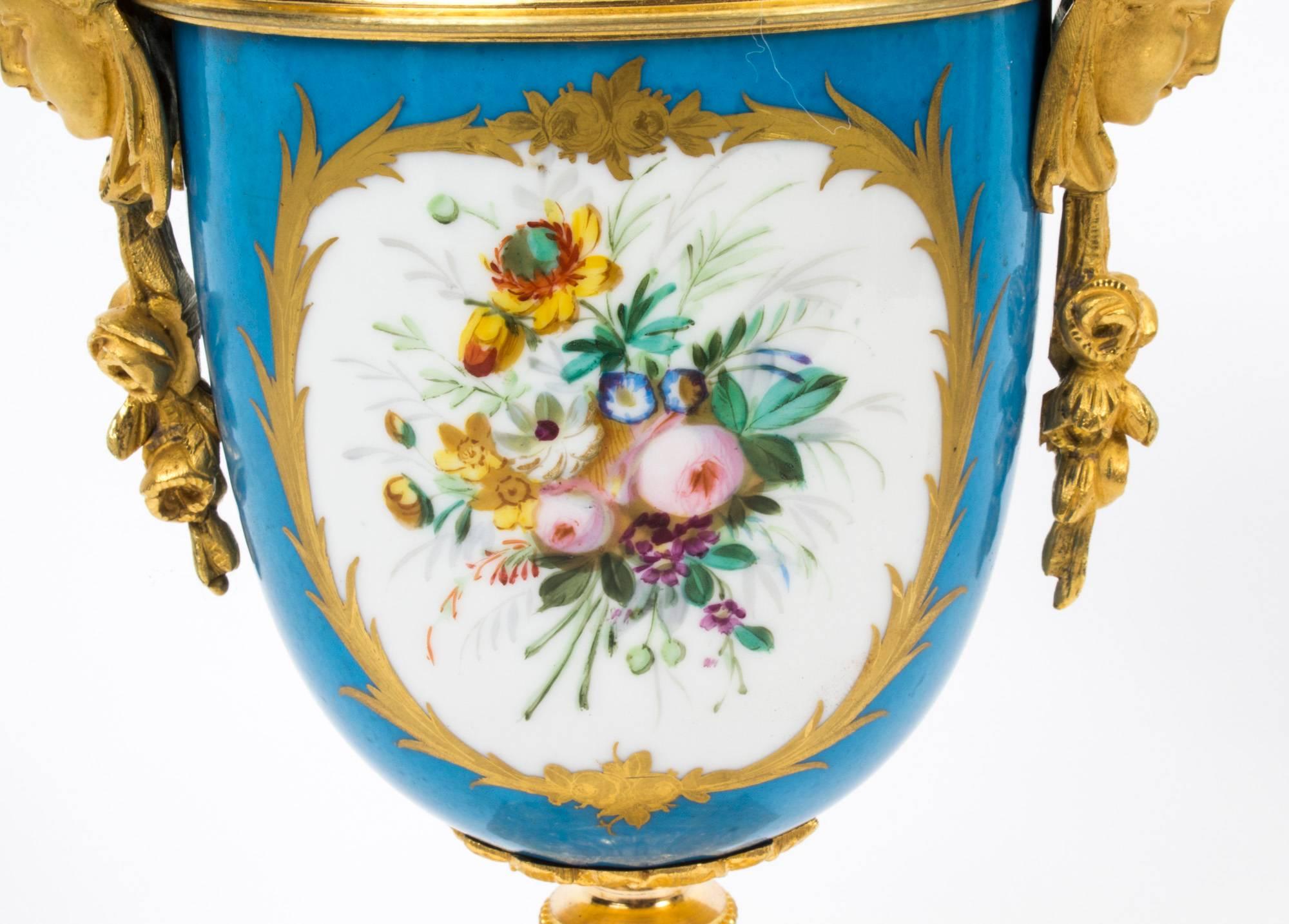 Late 19th Century 19th Century Pair of French Bleu Celeste Ormolu-Mounted Sevres Lidded Vases
