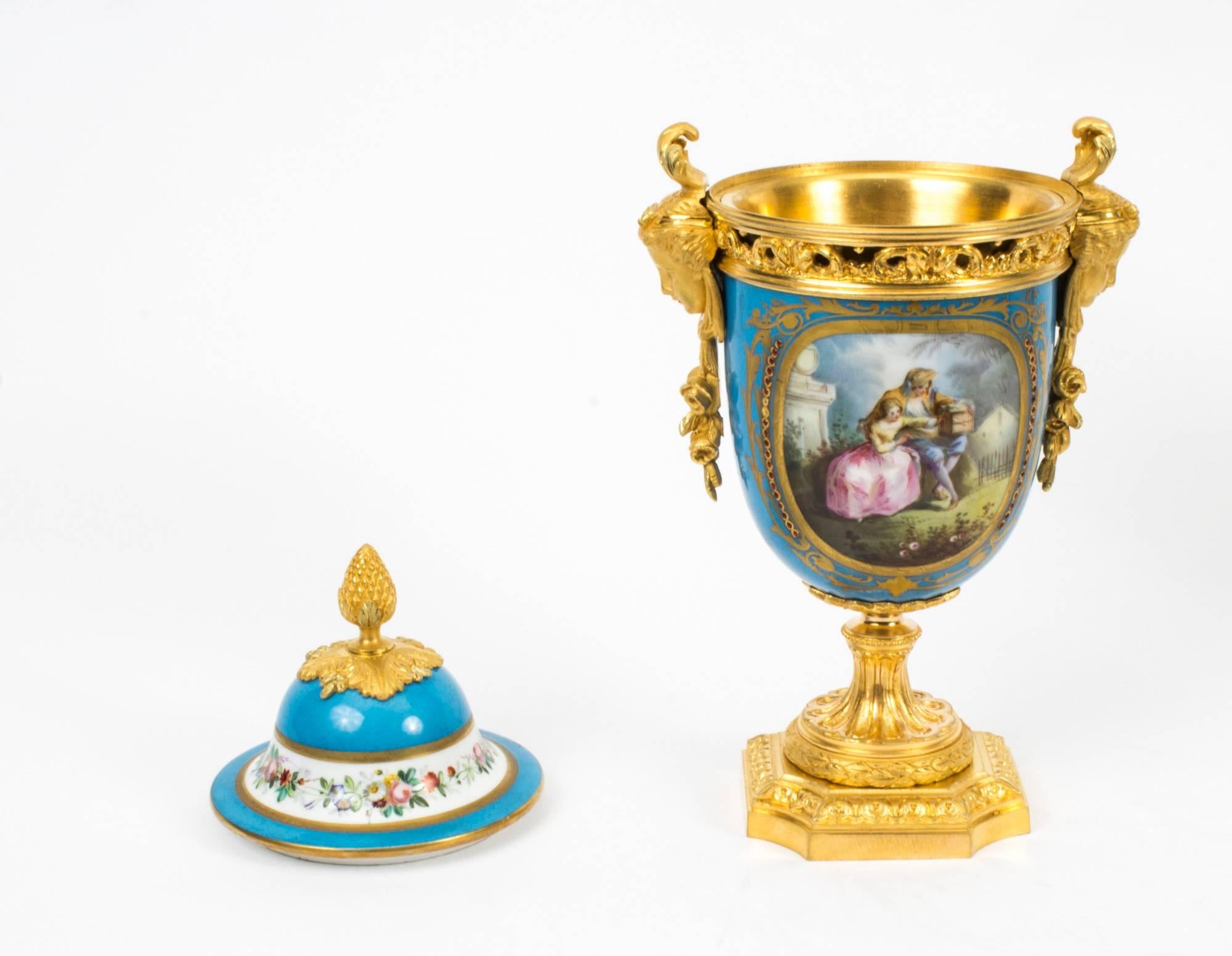 Porcelain 19th Century Pair of French Bleu Celeste Ormolu-Mounted Sevres Lidded Vases