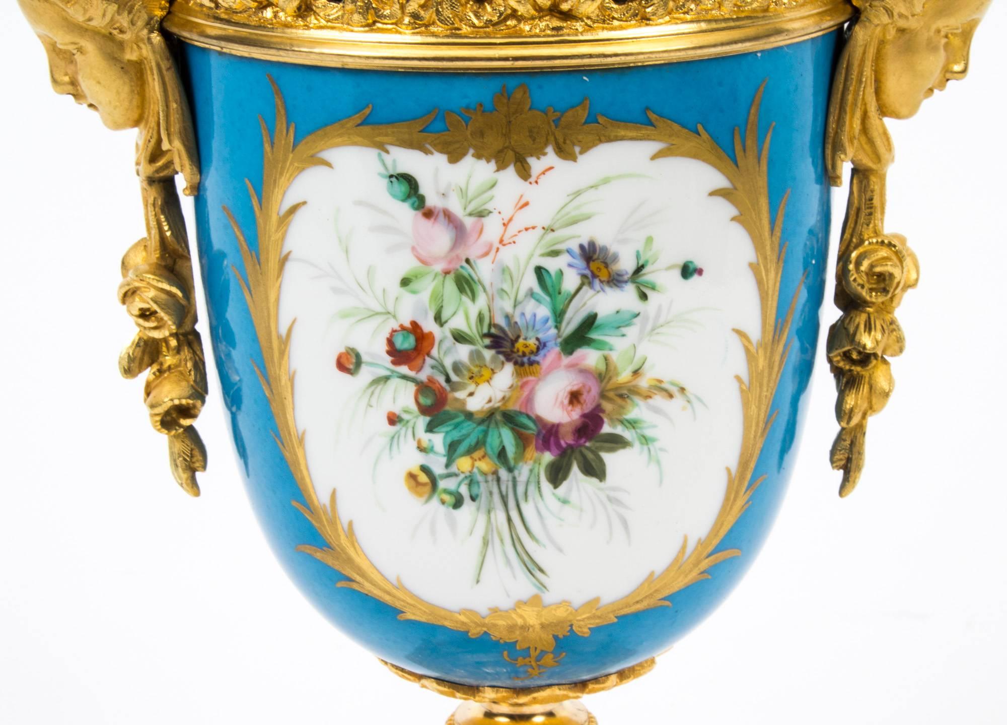 19th Century Pair of French Bleu Celeste Ormolu-Mounted Sevres Lidded Vases 2