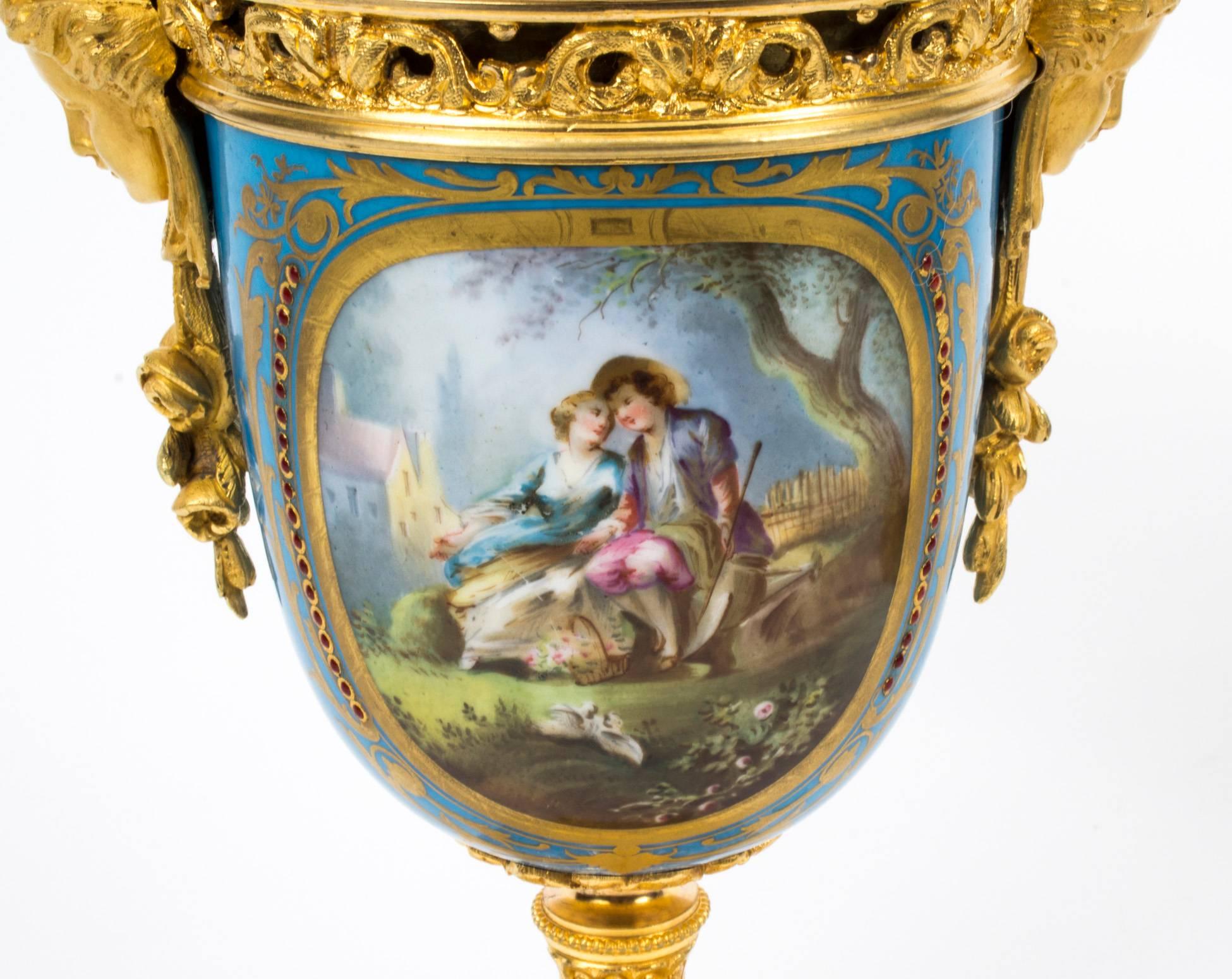 19th Century Pair of French Bleu Celeste Ormolu-Mounted Sevres Lidded Vases 3