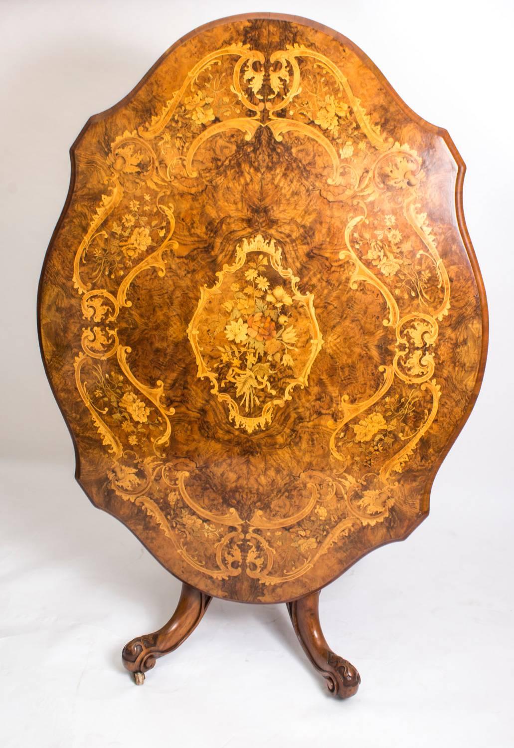 Victorian 19th Century Burr Walnut and Marquetry Shaped Oval Loo Table